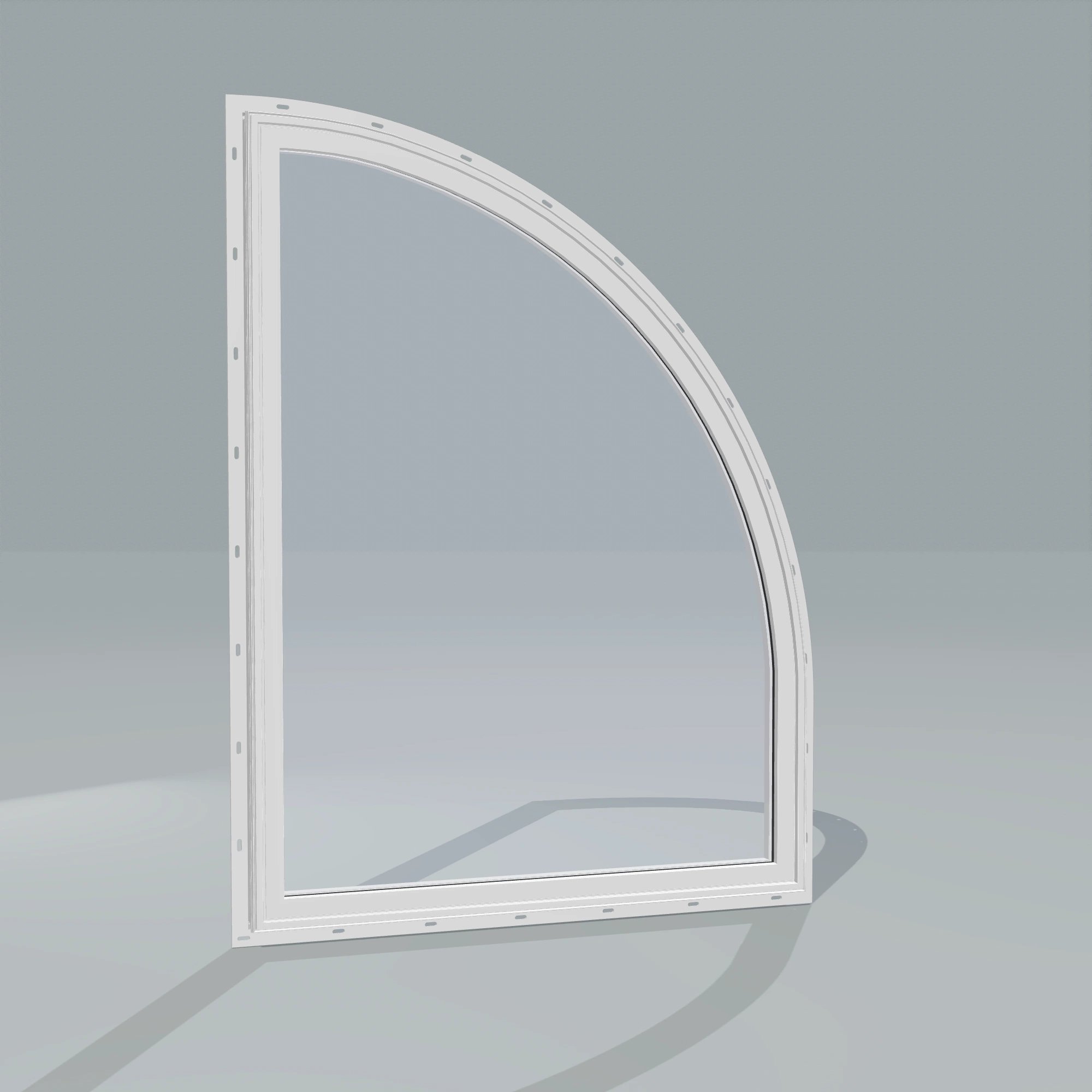 Angled exterior configurator view of the 36 × 48 inch raised quarter round (right), white exterior / white interior, with nailing flange