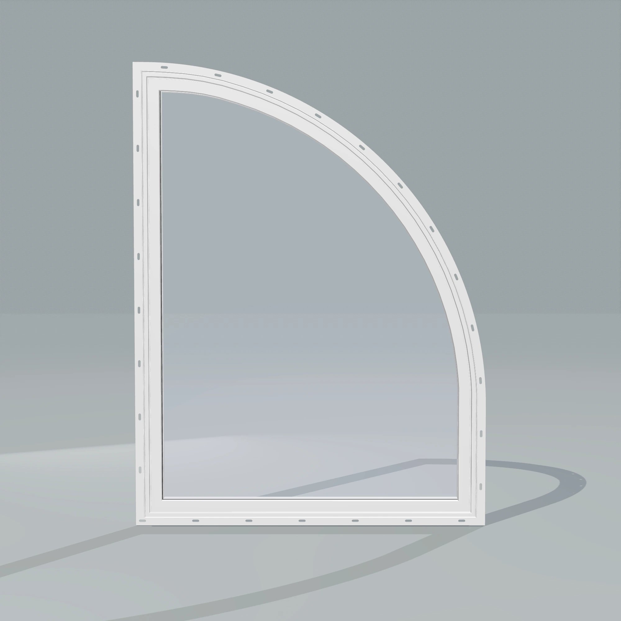 Straight exterior view of the 36 × 48 inch raised quarter round (right), white exterior / white interior, with nailing flange