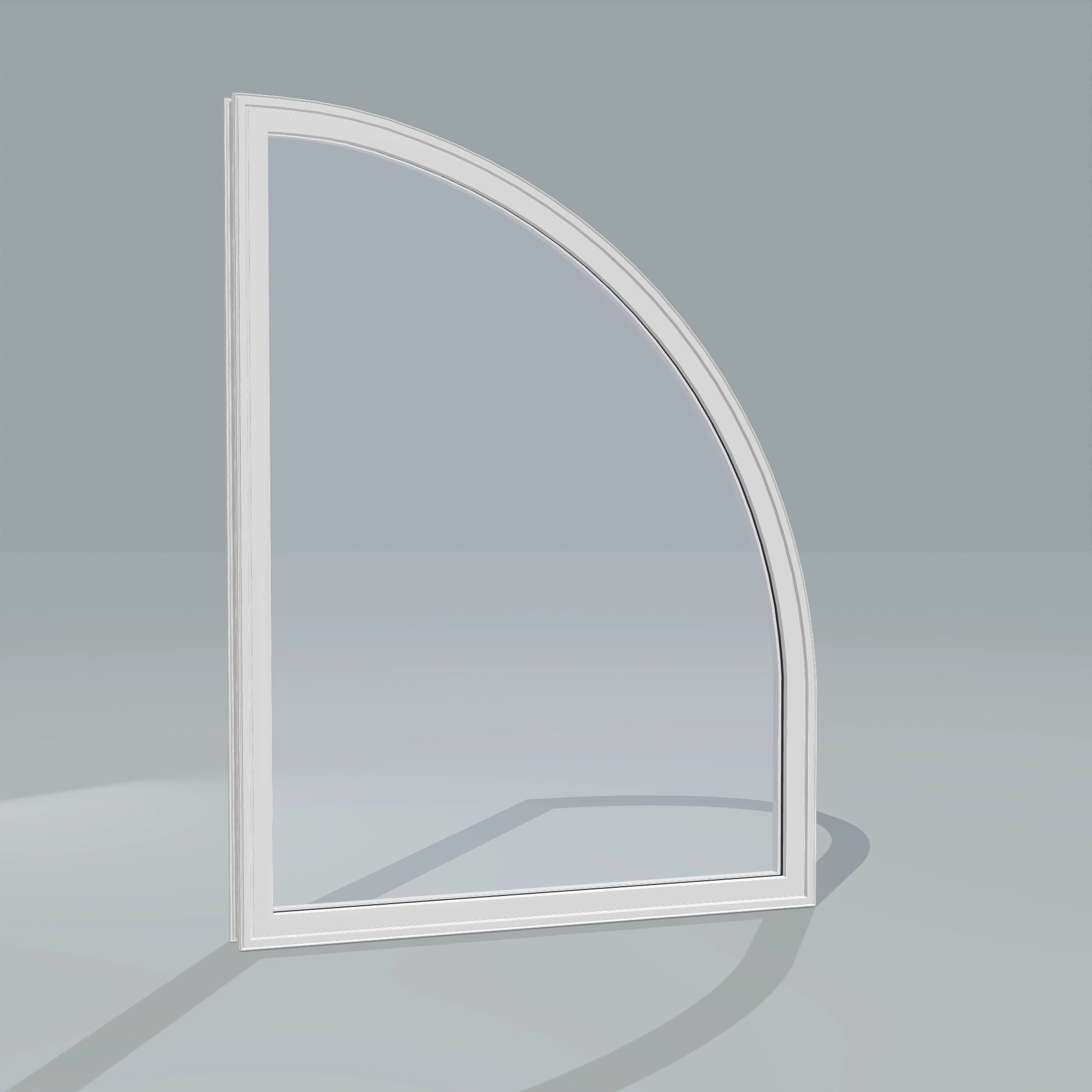 Angled exterior configurator view of the 36 × 48 inch raised quarter round (right), white exterior / white interior, without nailing flange