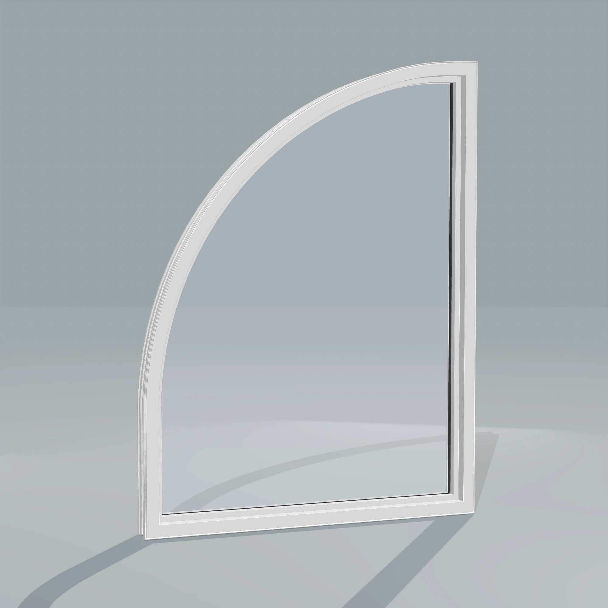 Angled interior view of the 36 × 48 inch raised quarter round (right), white exterior / white interior, without nailing flange