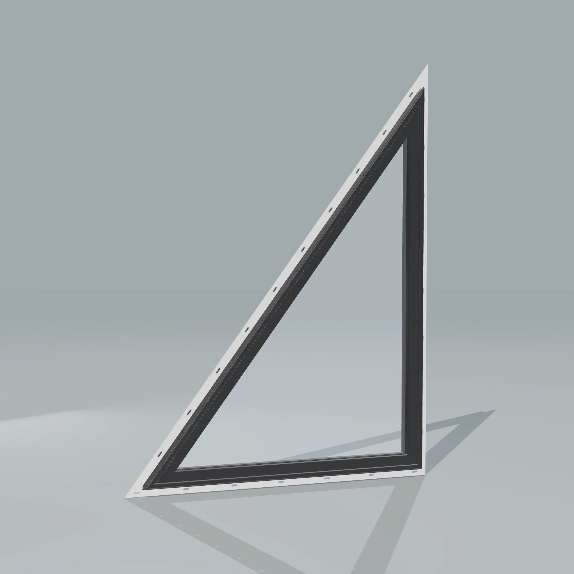 Angled exterior configurator view of the 36 × 48 inch rake head (left), black exterior / black interior, with nailing flange
