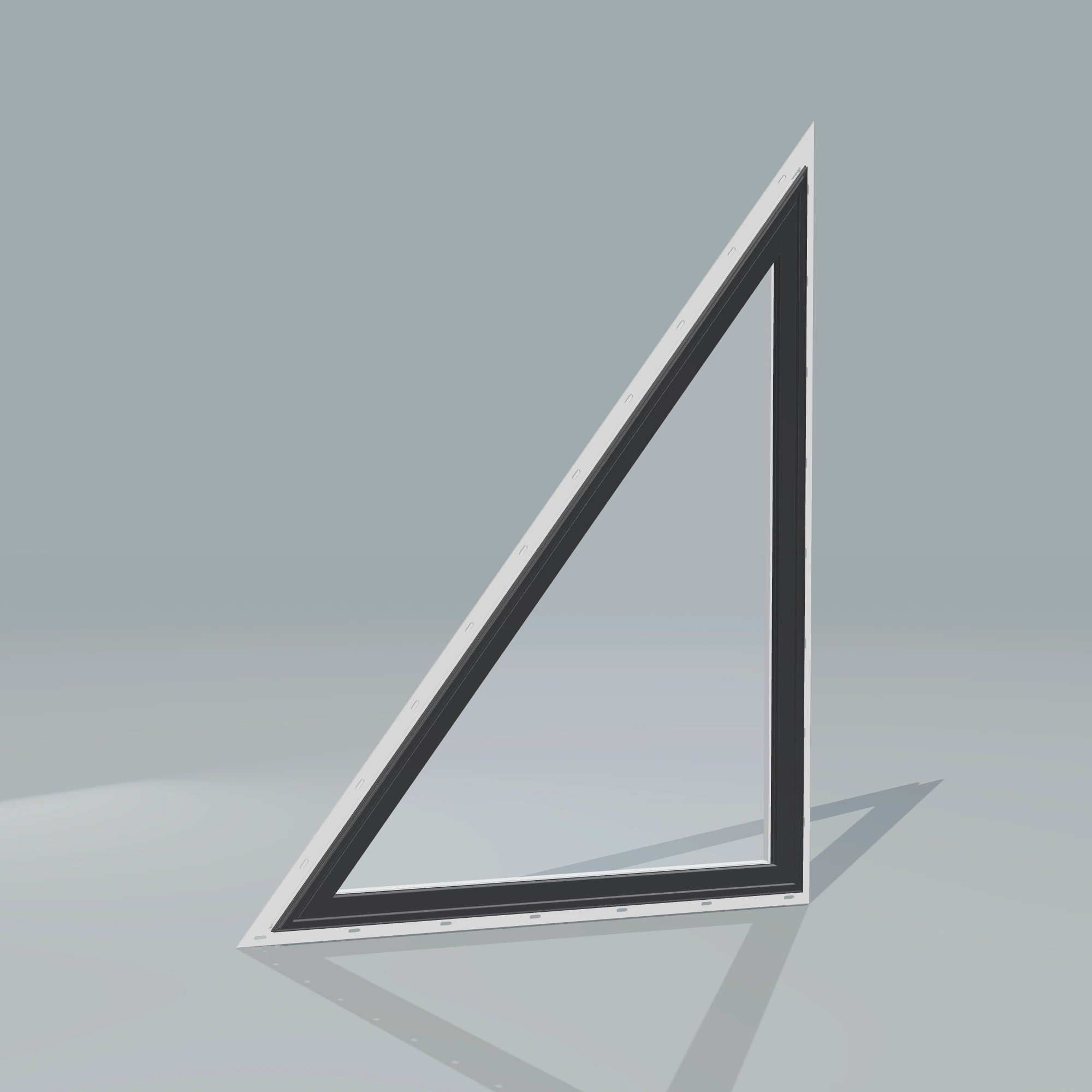 Angled exterior configurator view of the 36 × 48 inch rake head (left), black exterior / white interior, with nailing flange