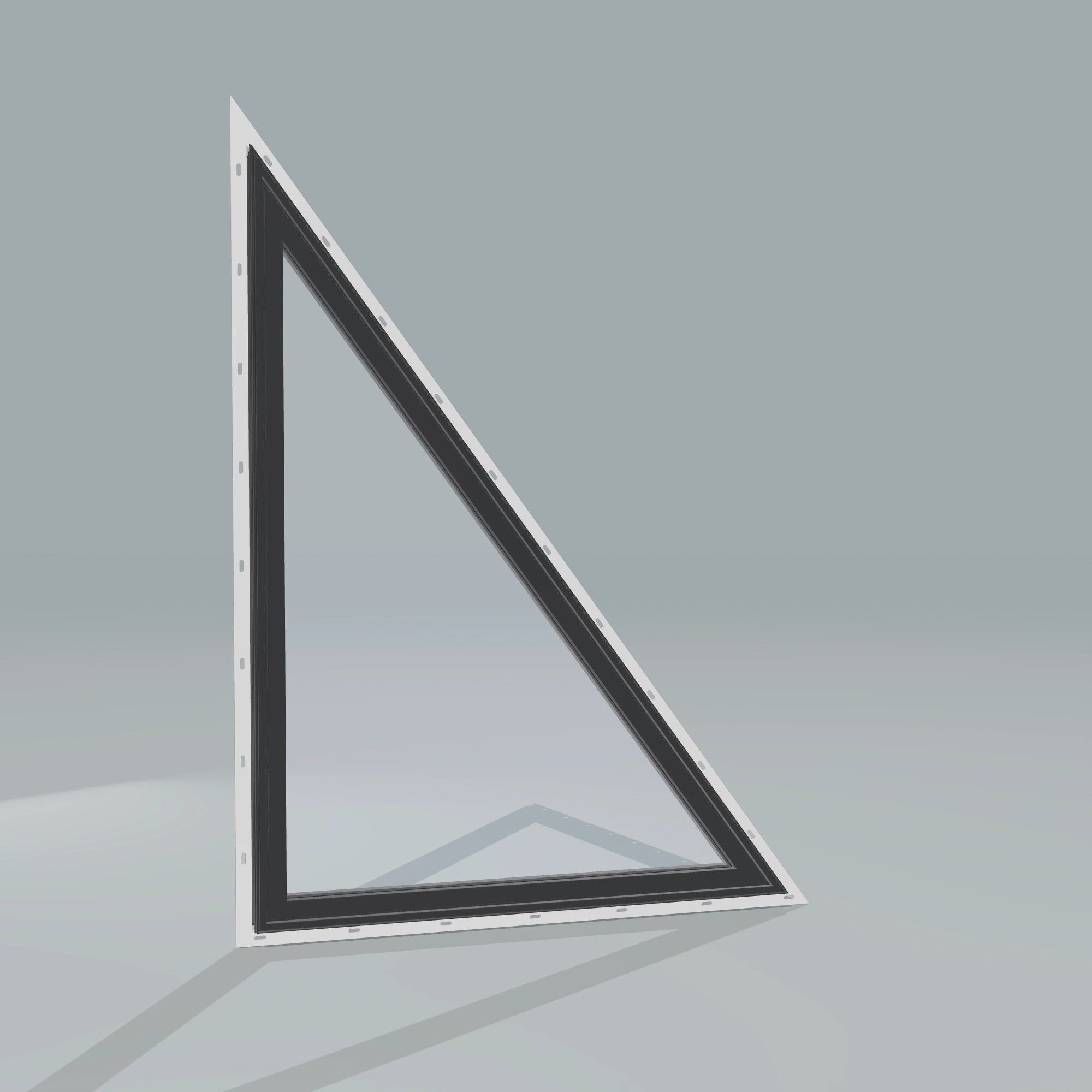 Angled exterior configurator view of the 36 × 48 inch rake head (right), black exterior / black interior, with nailing flange