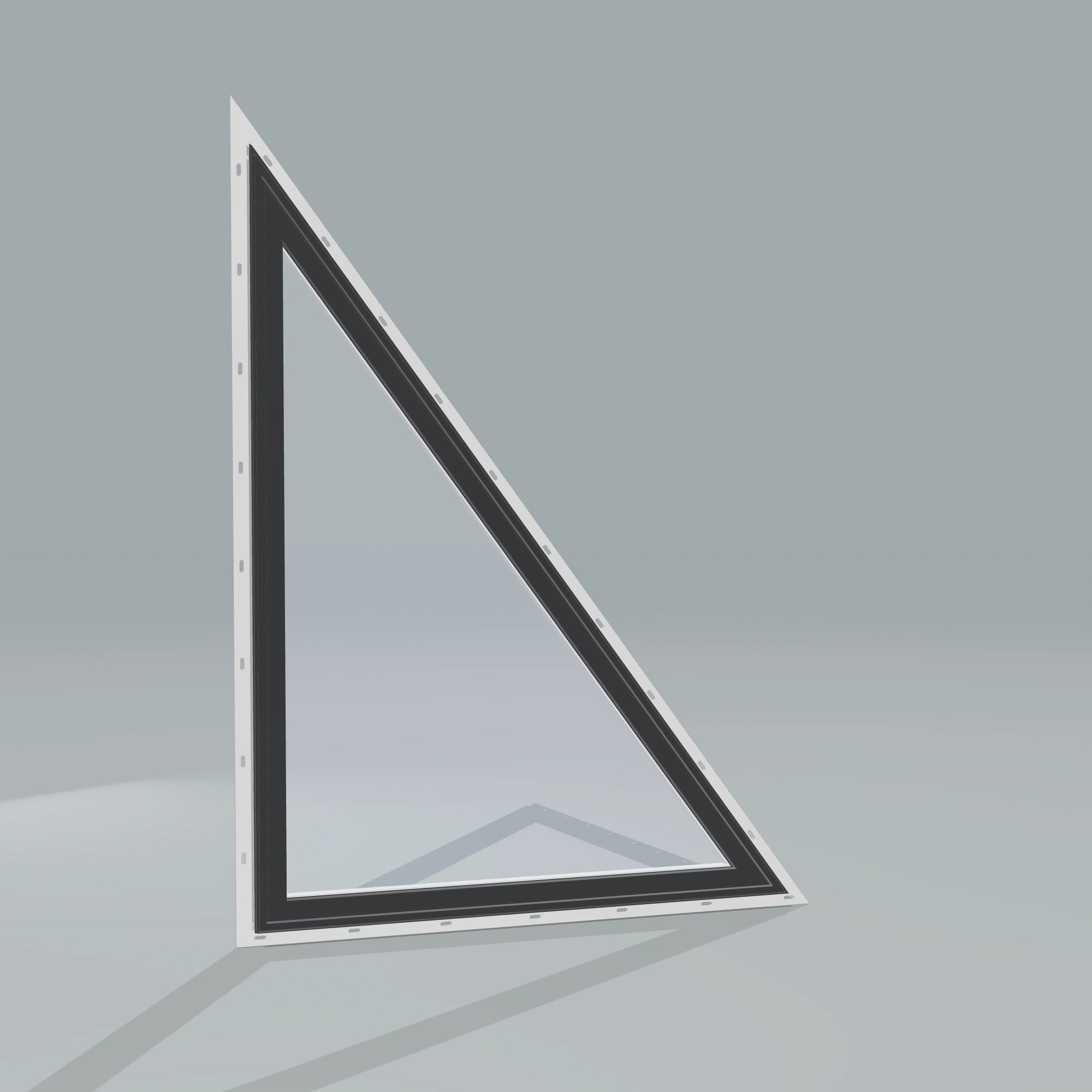 Angled exterior configurator view of the 36 × 48 inch rake head (right), black exterior / white interior, with nailing flange