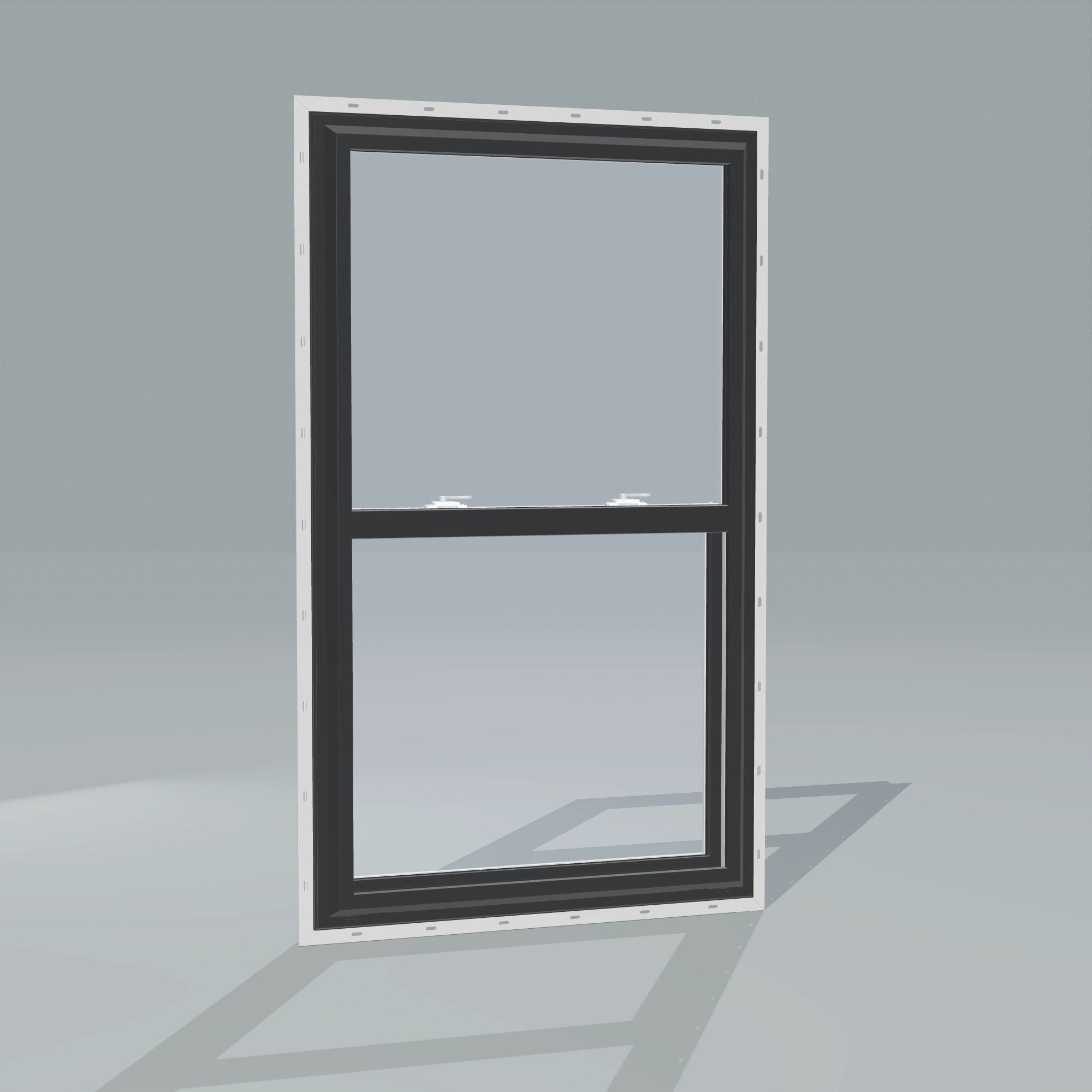 Angled exterior configurator view of the 32 × 54 inch single hung, black exterior / white interior, with nailing flange