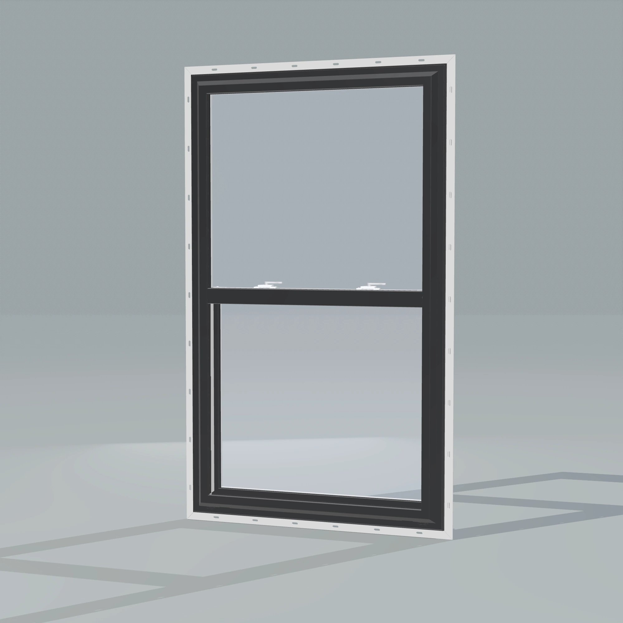 Opposite exterior angle of the 32 × 54 inch single hung, black exterior / white interior, with nailing flange
