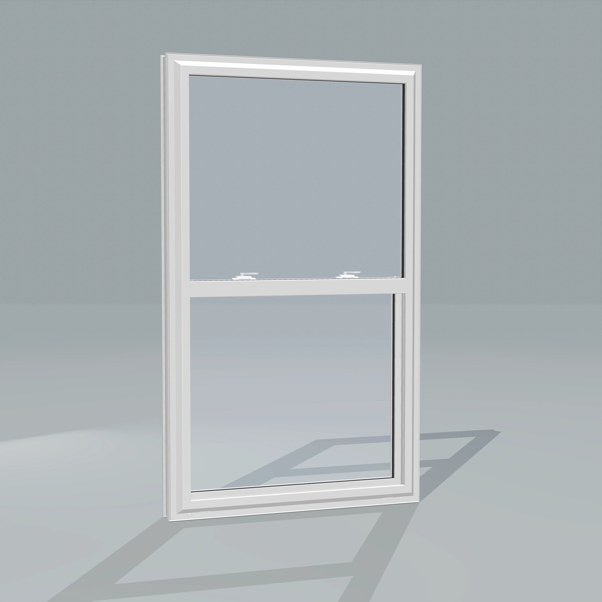 Angled exterior configurator view of the 32 × 54 inch single hung, white exterior / white interior, without nailing flange