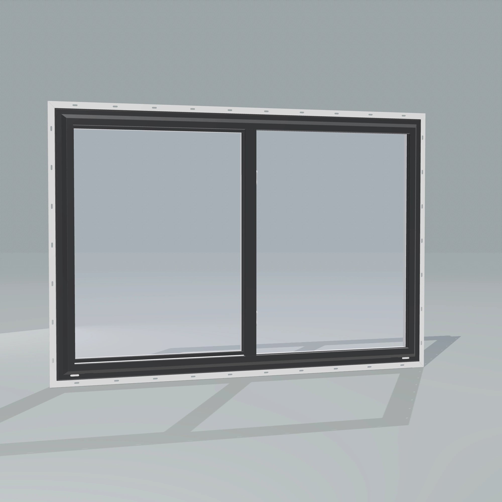Angled exterior configurator view of the 60 × 40 inch single slider, black exterior / white interior, with nailing flange