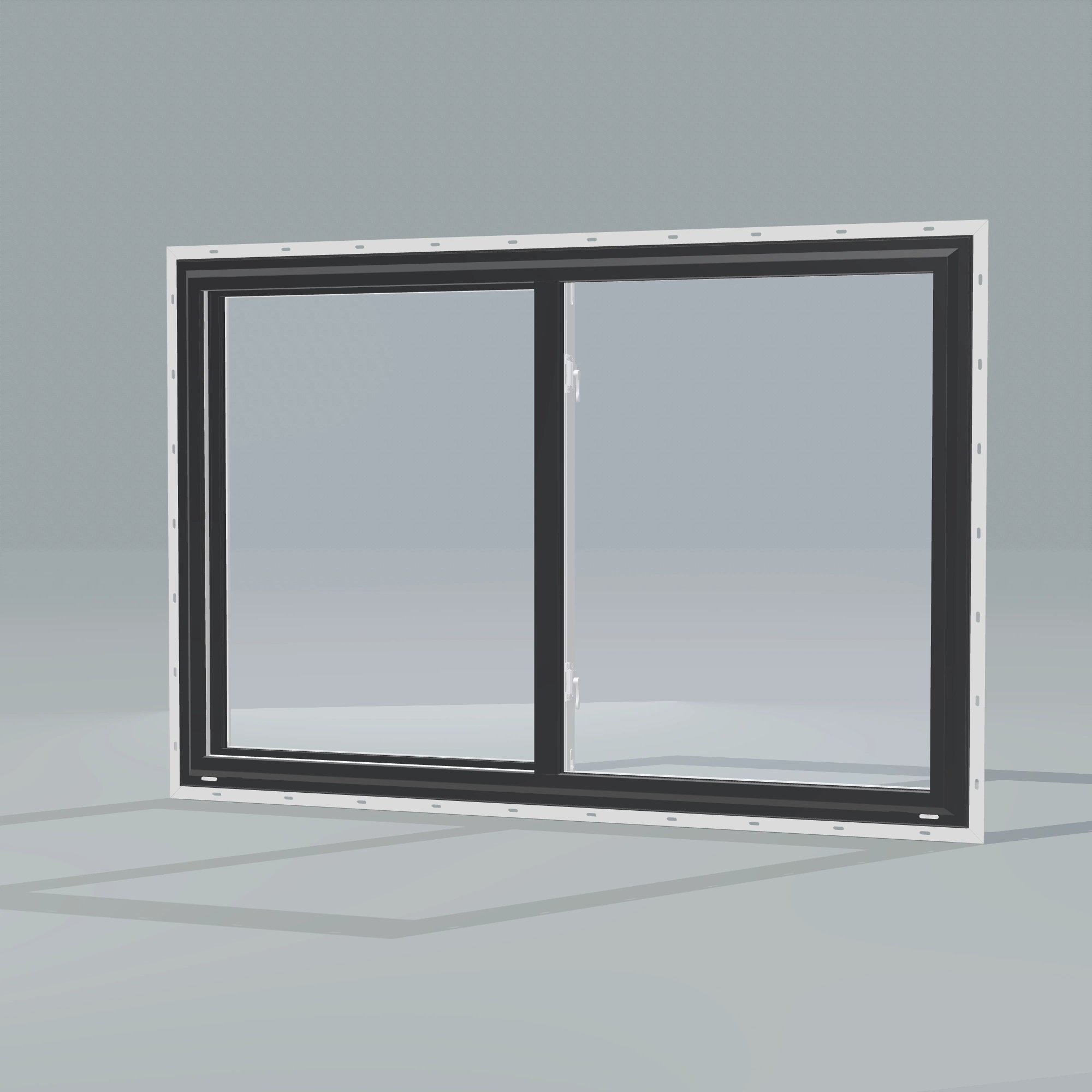 Opposite exterior angle of the 60 × 40 inch single slider, black exterior / white interior, with nailing flange