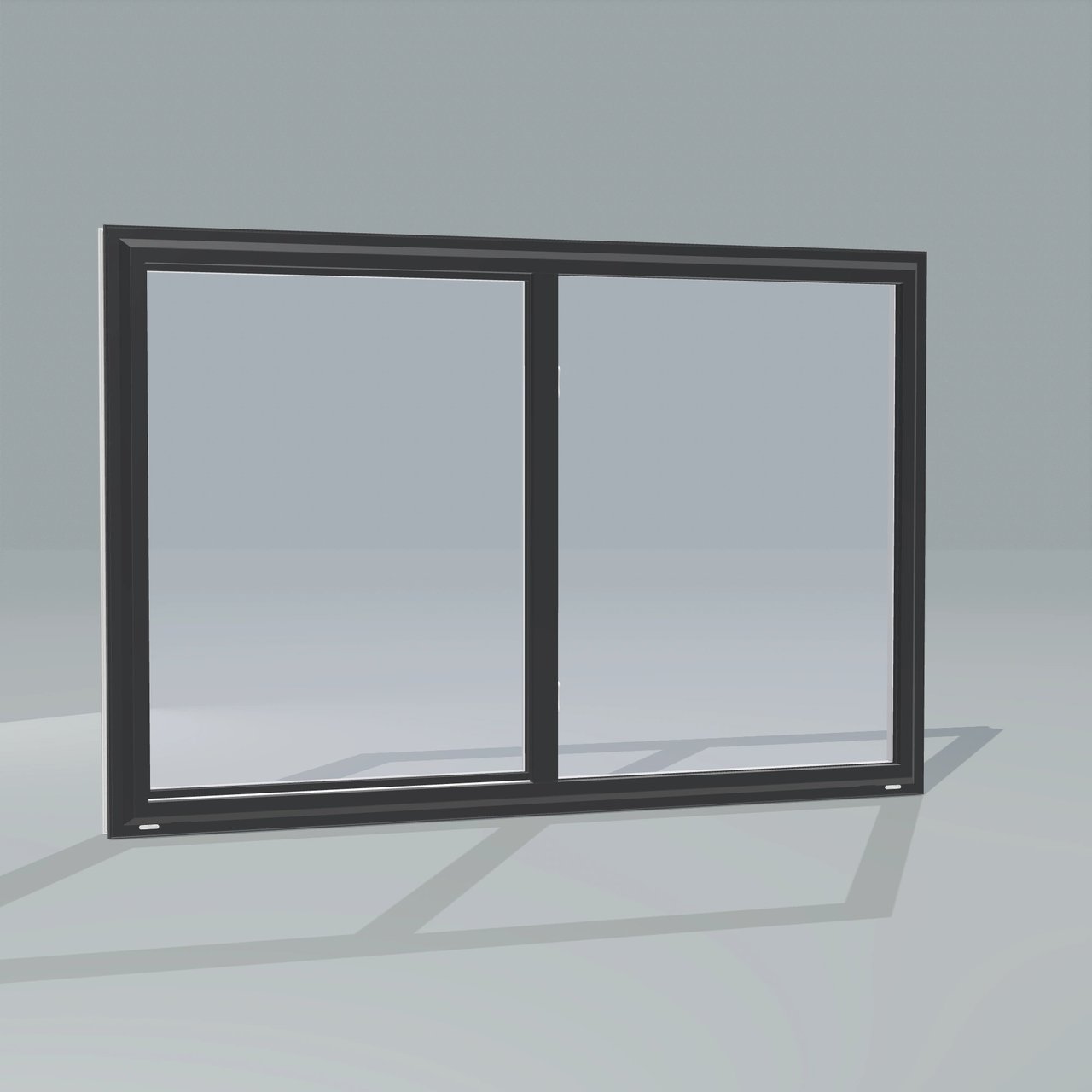 Panes configurator rendering of a closed 60 × 40 inch single slider window with black exterior, white interior and no nailing flange
