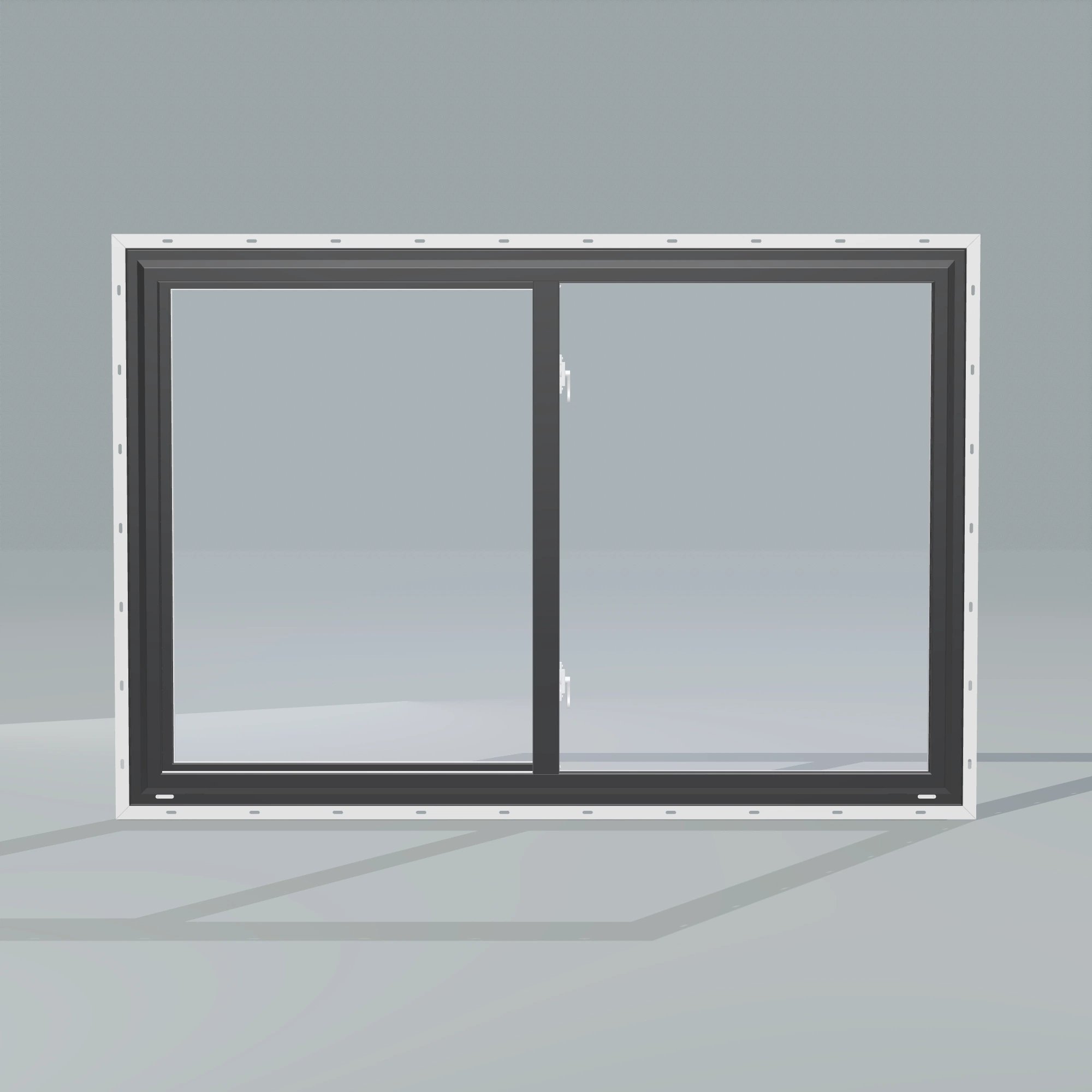 Straight exterior view of the 60 × 40 inch single slider with tilt, black exterior / white interior, with nailing flange