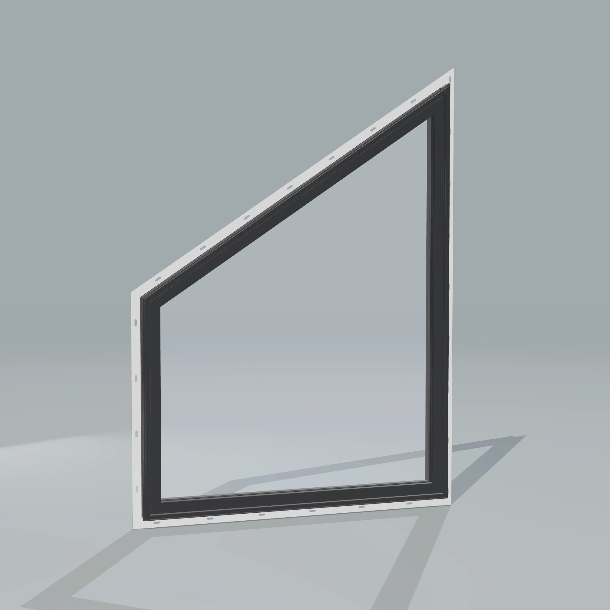 Angled exterior configurator view of the 36 × 48 inch trapezoid (left), black exterior / black interior, with nailing flange