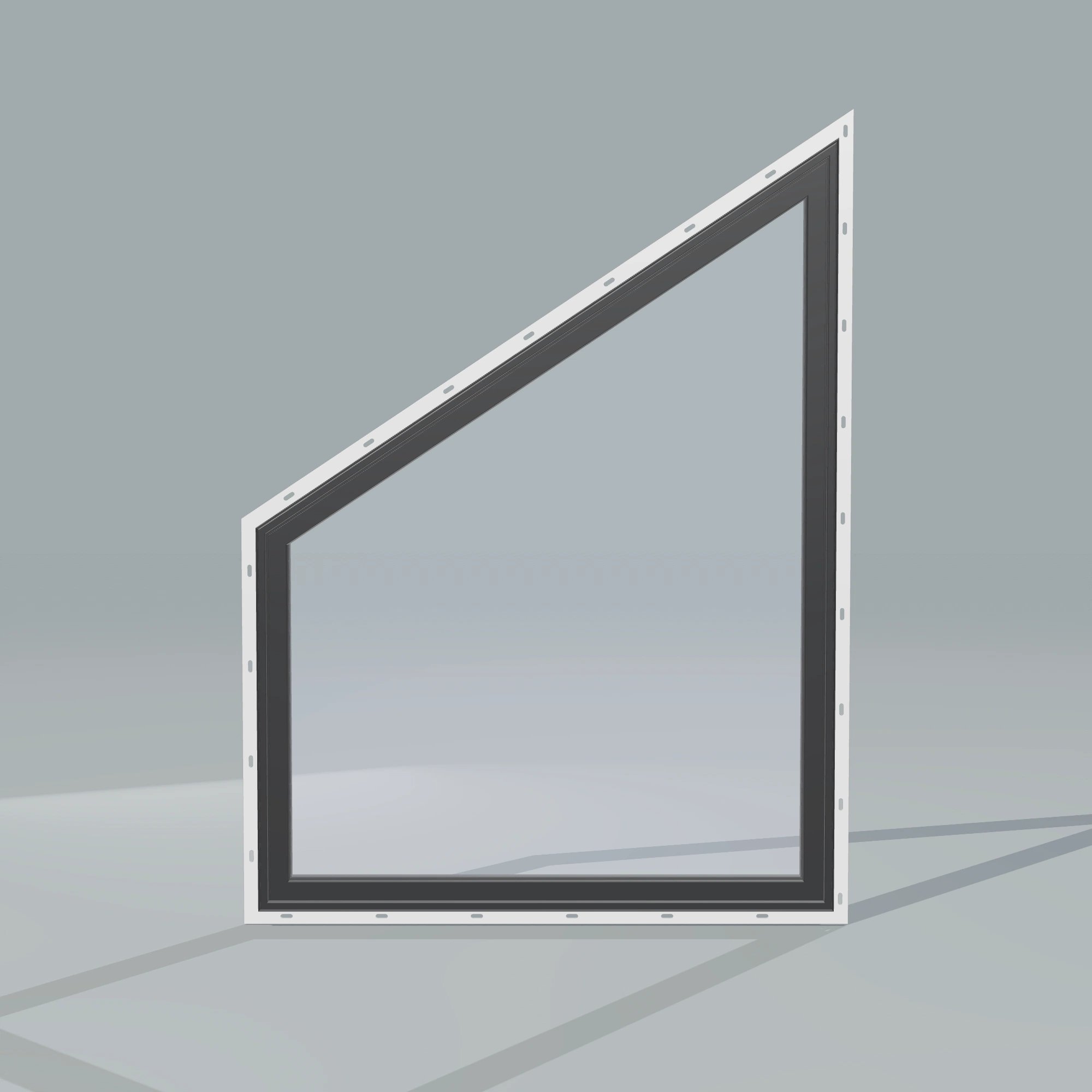Straight exterior view of the 36 × 48 inch trapezoid (left), black exterior / black interior, with nailing flange