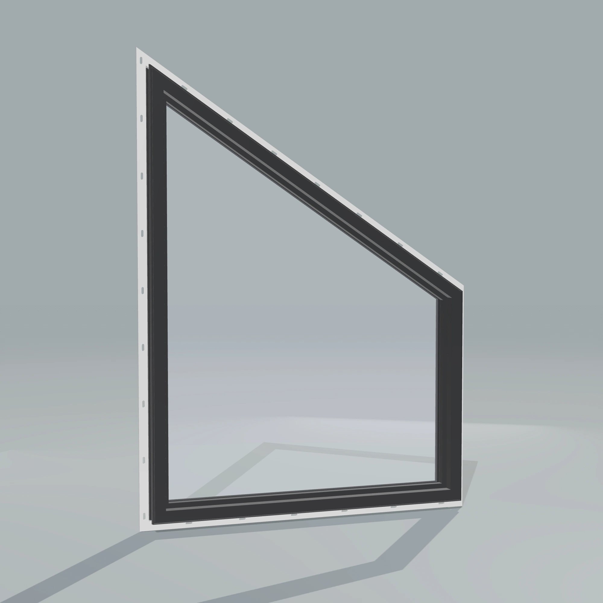 Angled interior view of the 36 × 48 inch trapezoid (left), black exterior / black interior, with nailing flange