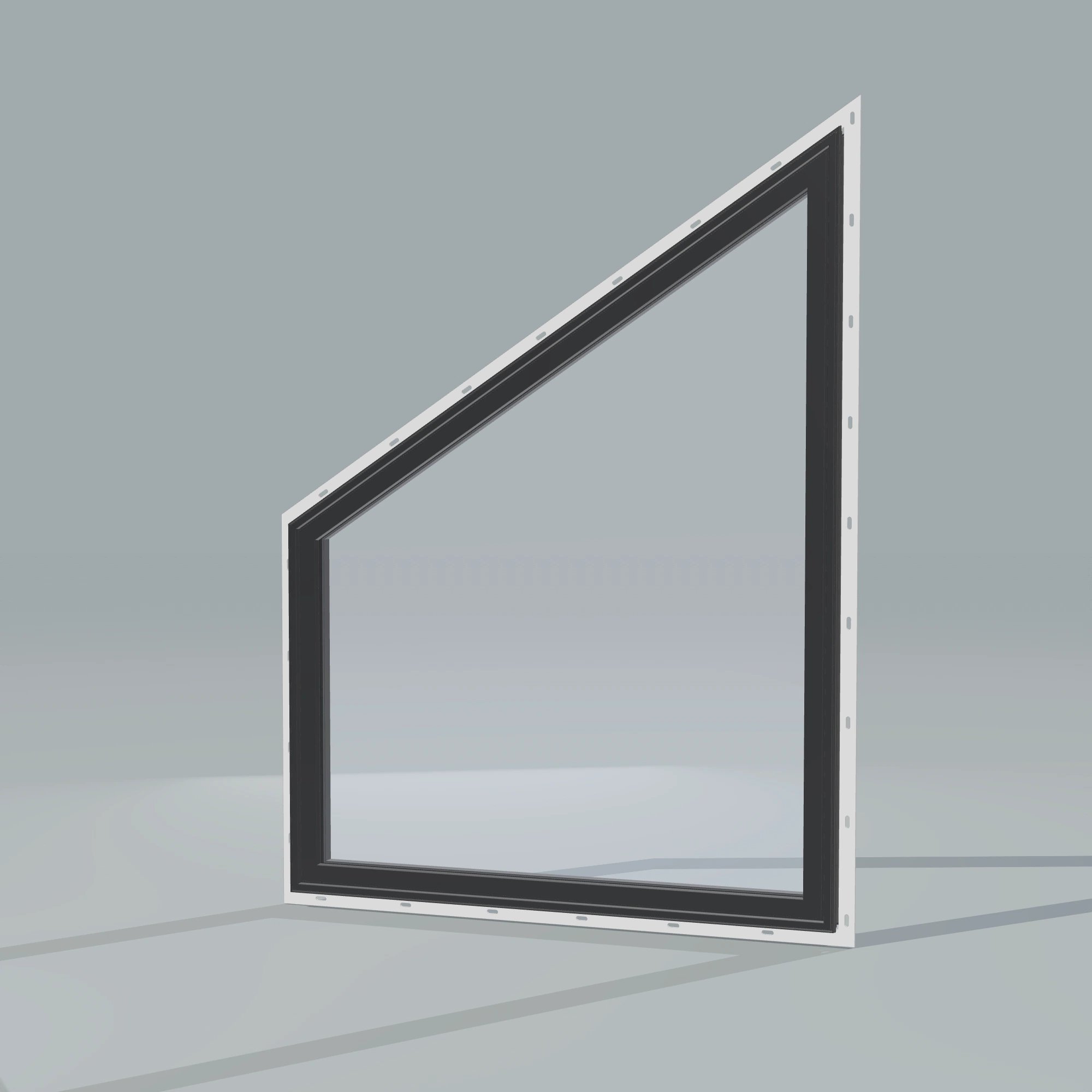 Opposite exterior angle of the 36 × 48 inch trapezoid (left), black exterior / black interior, with nailing flange