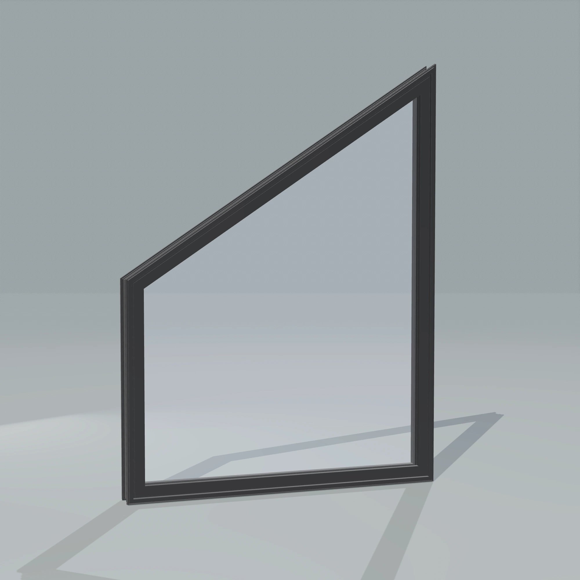 Angled exterior configurator view of the 36 × 48 inch trapezoid (left), black exterior / black interior, without nailing flange
