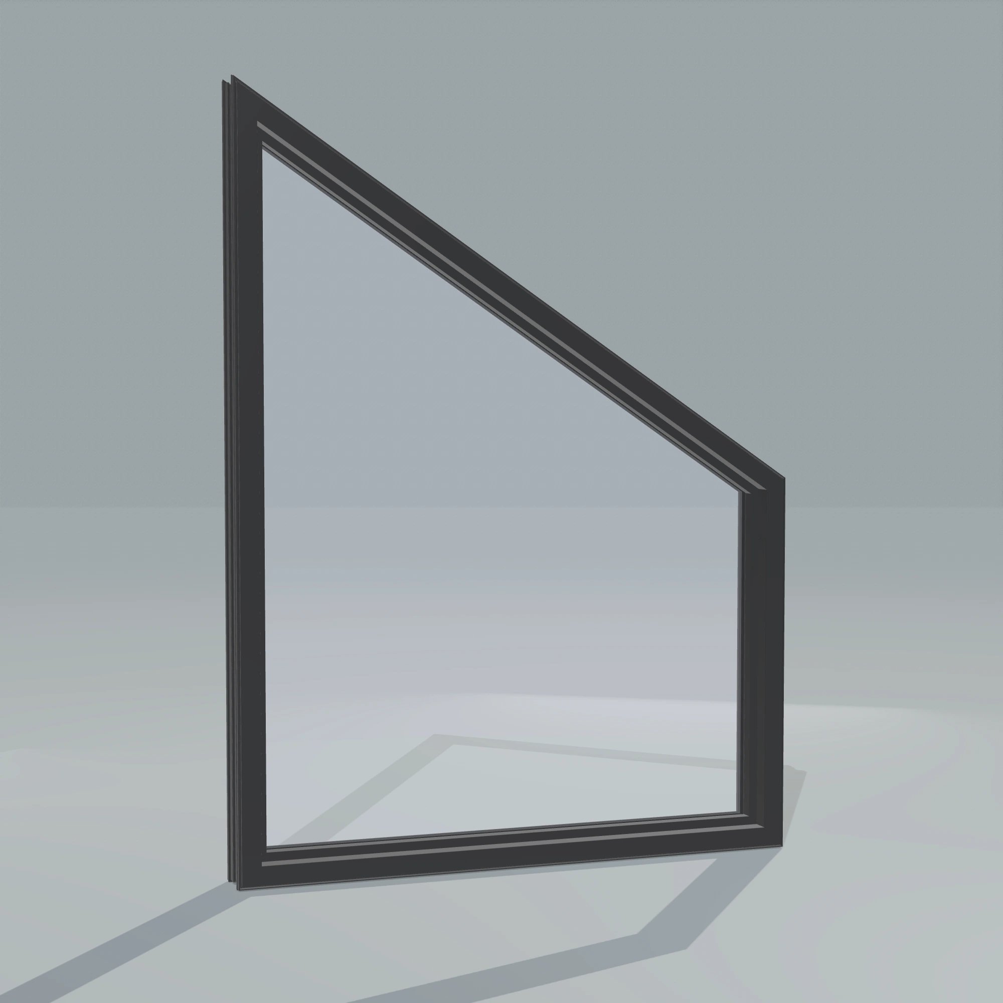 Angled interior view of the 36 × 48 inch trapezoid (left), black exterior / black interior, without nailing flange