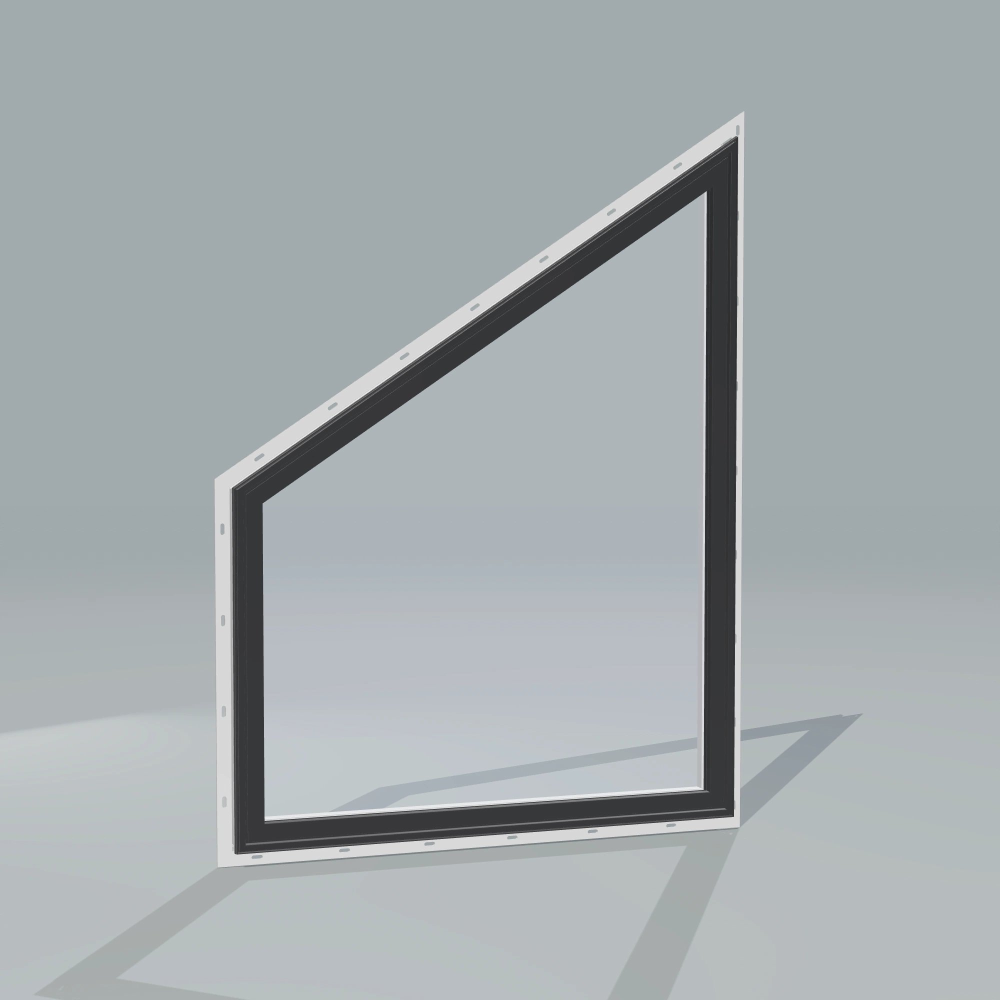 Angled exterior configurator view of the 36 × 48 inch trapezoid (left), black exterior / white interior, with nailing flange