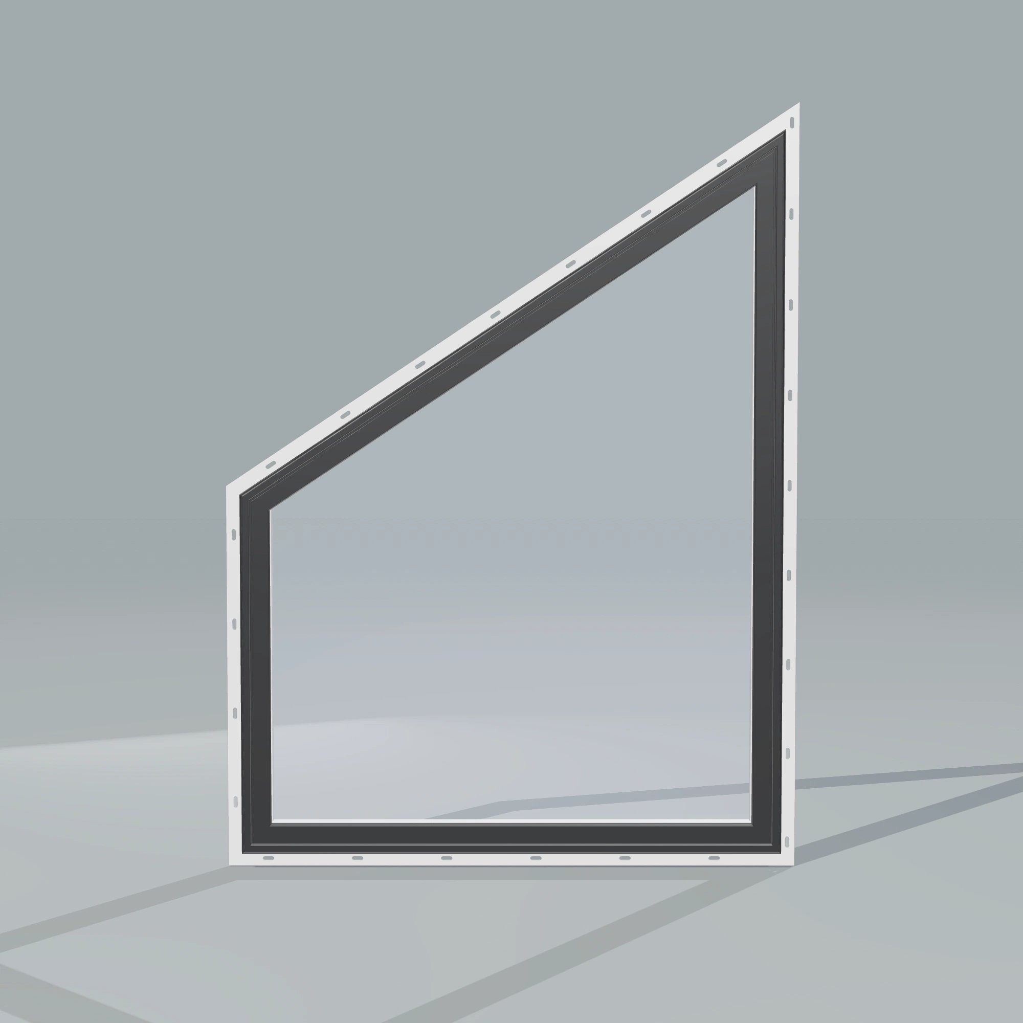 Straight exterior view of the 36 × 48 inch trapezoid (left), black exterior / white interior, with nailing flange