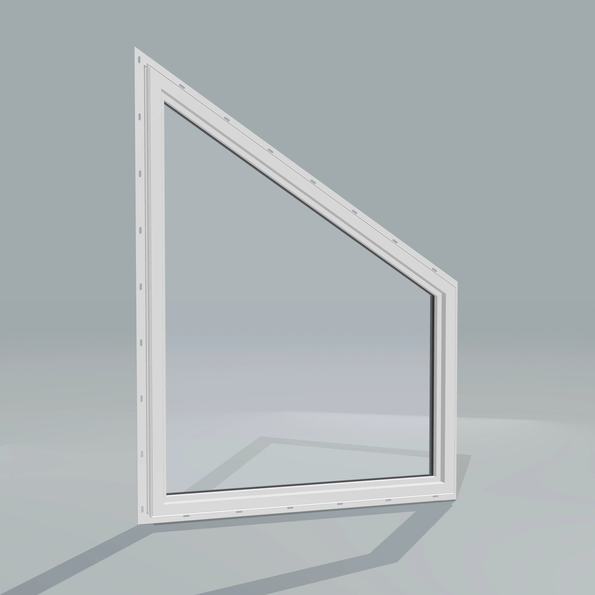 Angled interior view of the 36 × 48 inch trapezoid (left), black exterior / white interior, with nailing flange