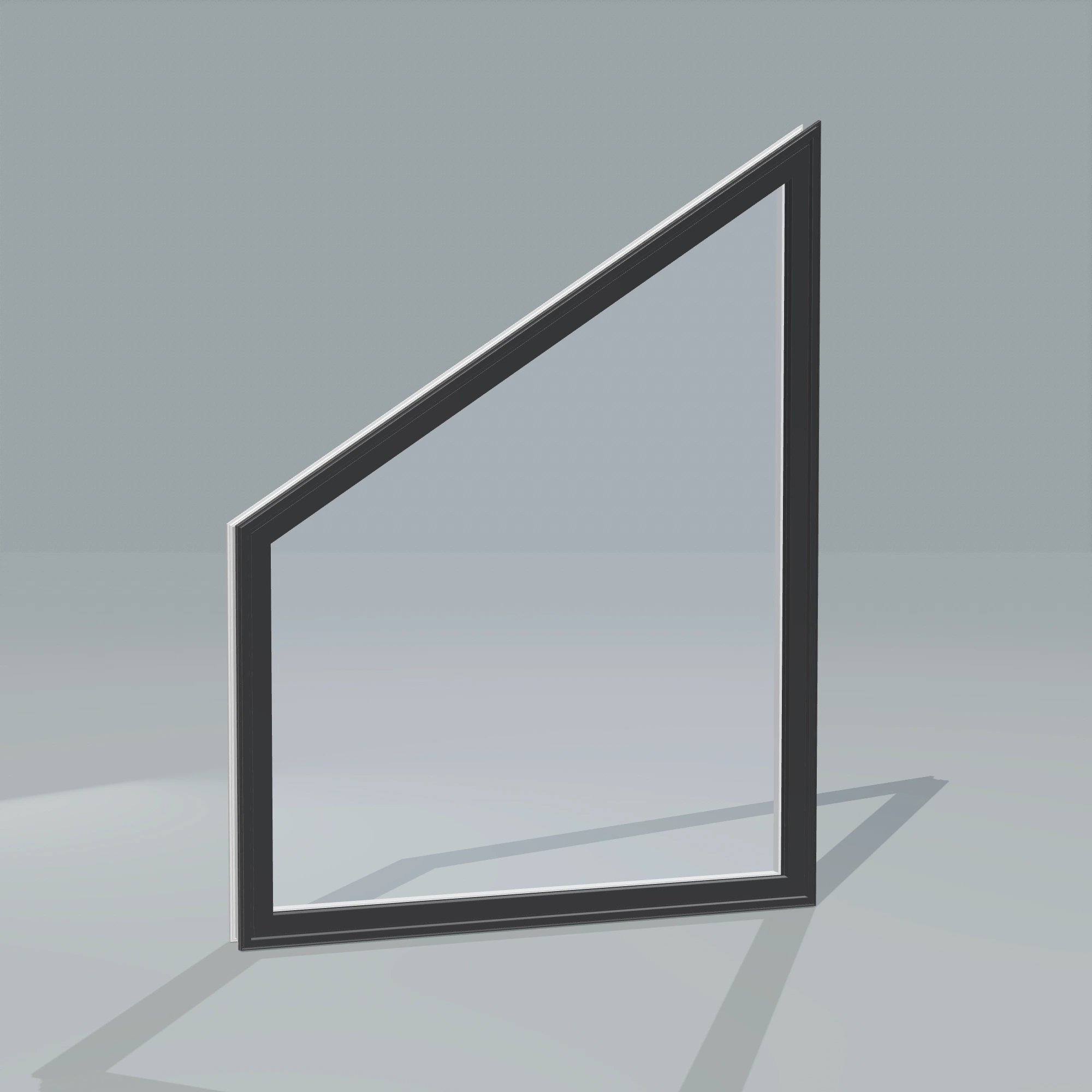 Angled exterior configurator view of the 36 × 48 inch trapezoid (left), black exterior / white interior, without nailing flange