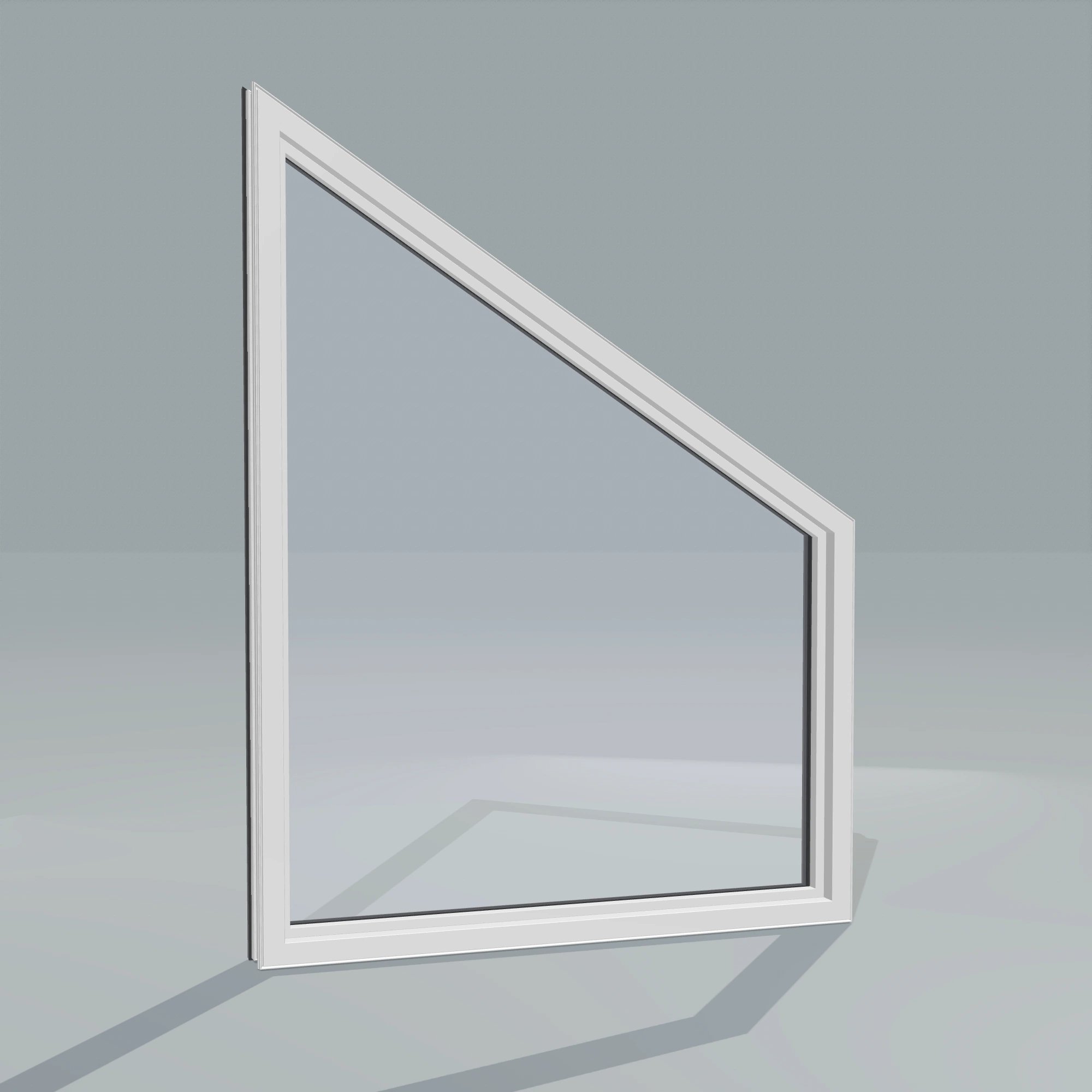 Angled interior view of the 36 × 48 inch trapezoid (left), black exterior / white interior, without nailing flange