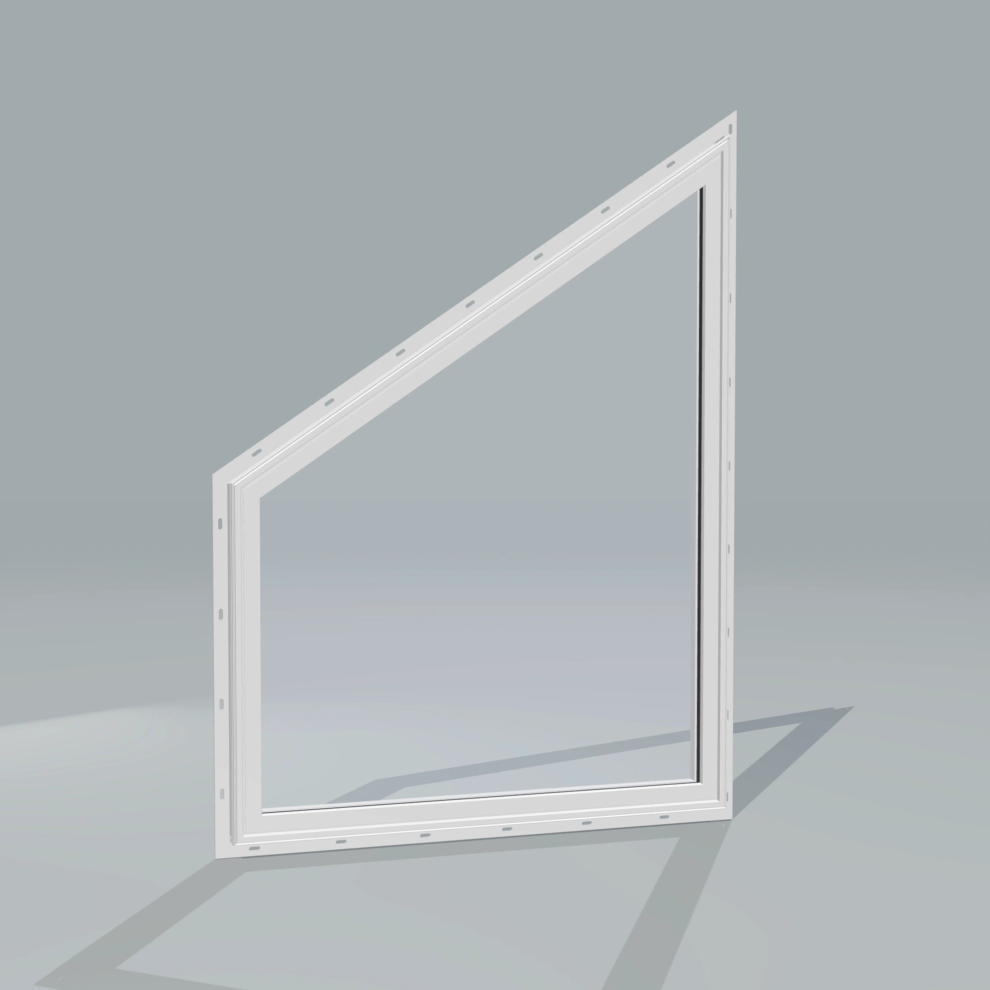 Angled exterior configurator view of the 36 × 48 inch trapezoid (left), white exterior / white interior, with nailing flange