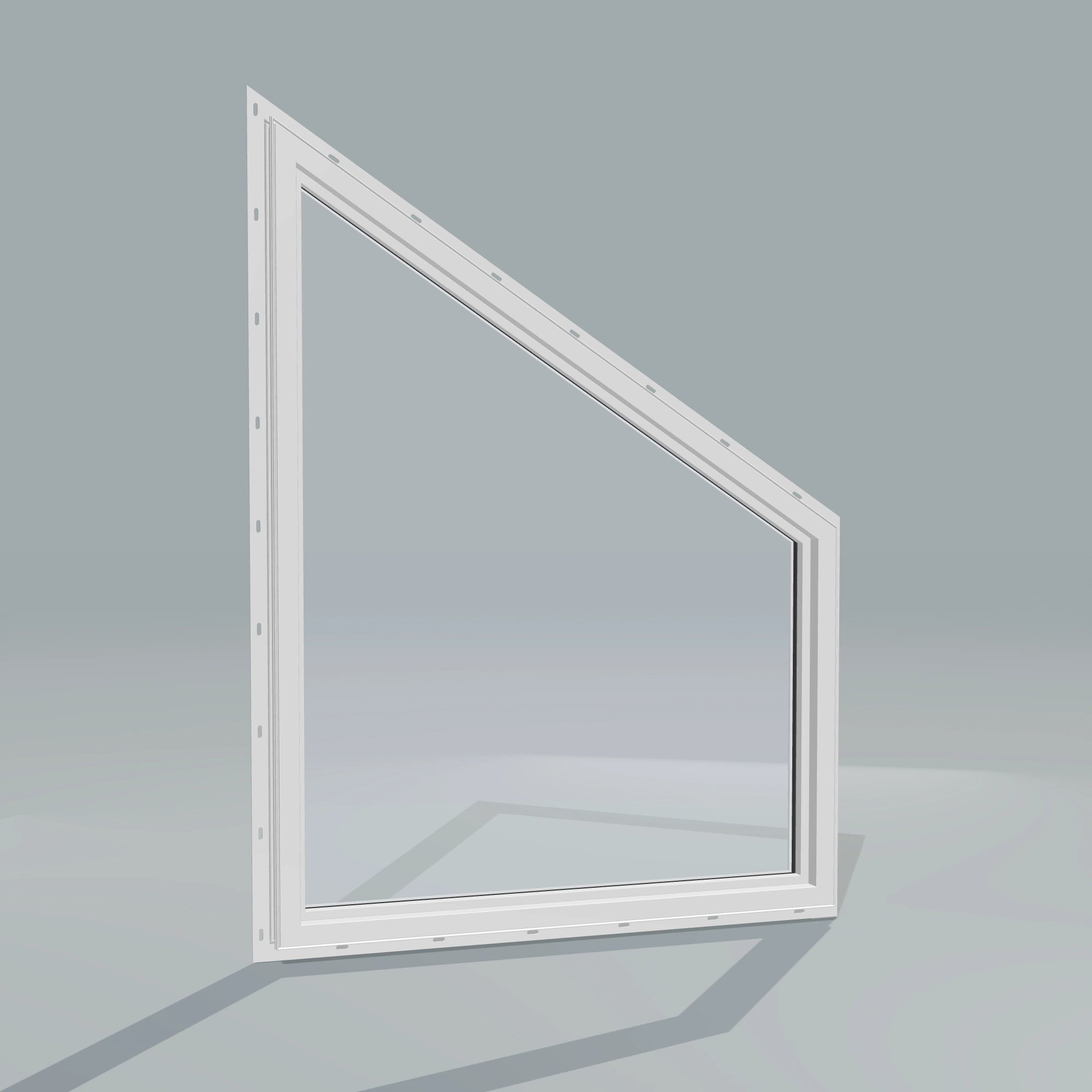 Angled interior view of the 36 × 48 inch trapezoid (left), white exterior / white interior, with nailing flange