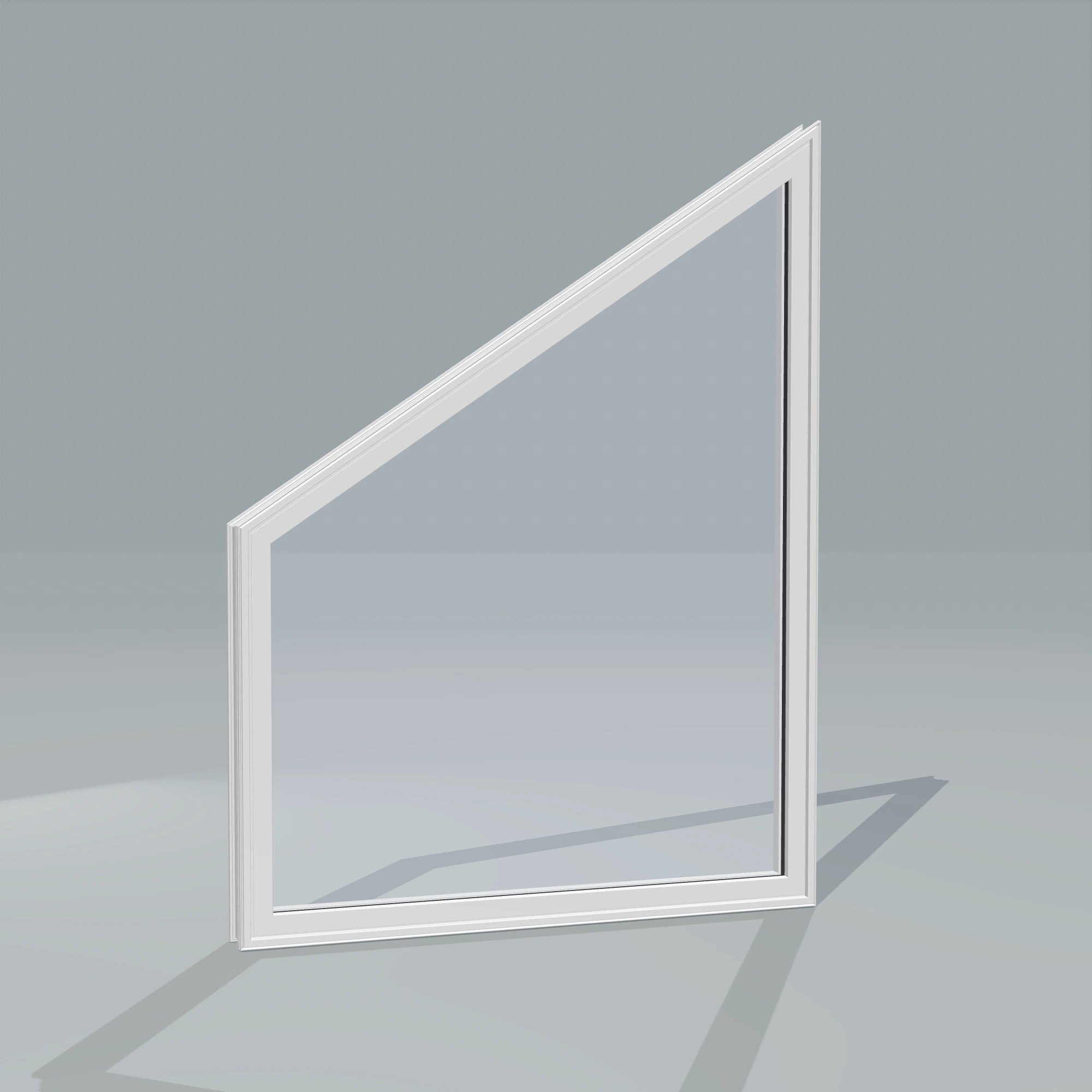 Angled exterior configurator view of the 36 × 48 inch trapezoid (left), white exterior / white interior, without nailing flange