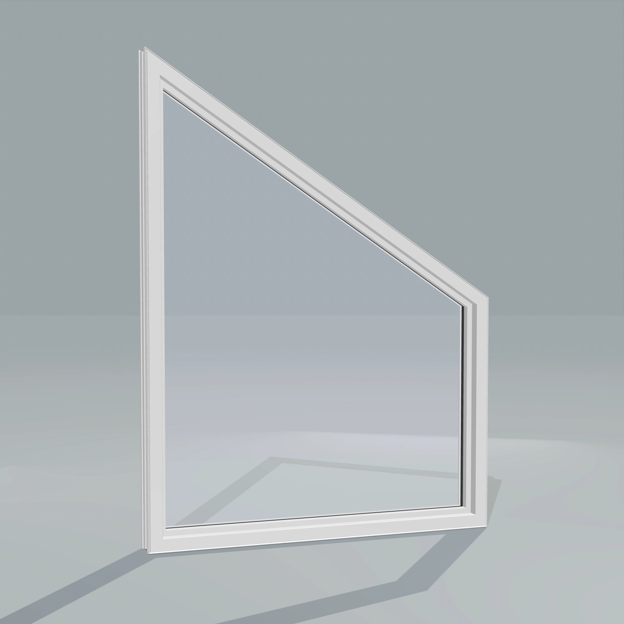Angled interior view of the 36 × 48 inch trapezoid (left), white exterior / white interior, without nailing flange
