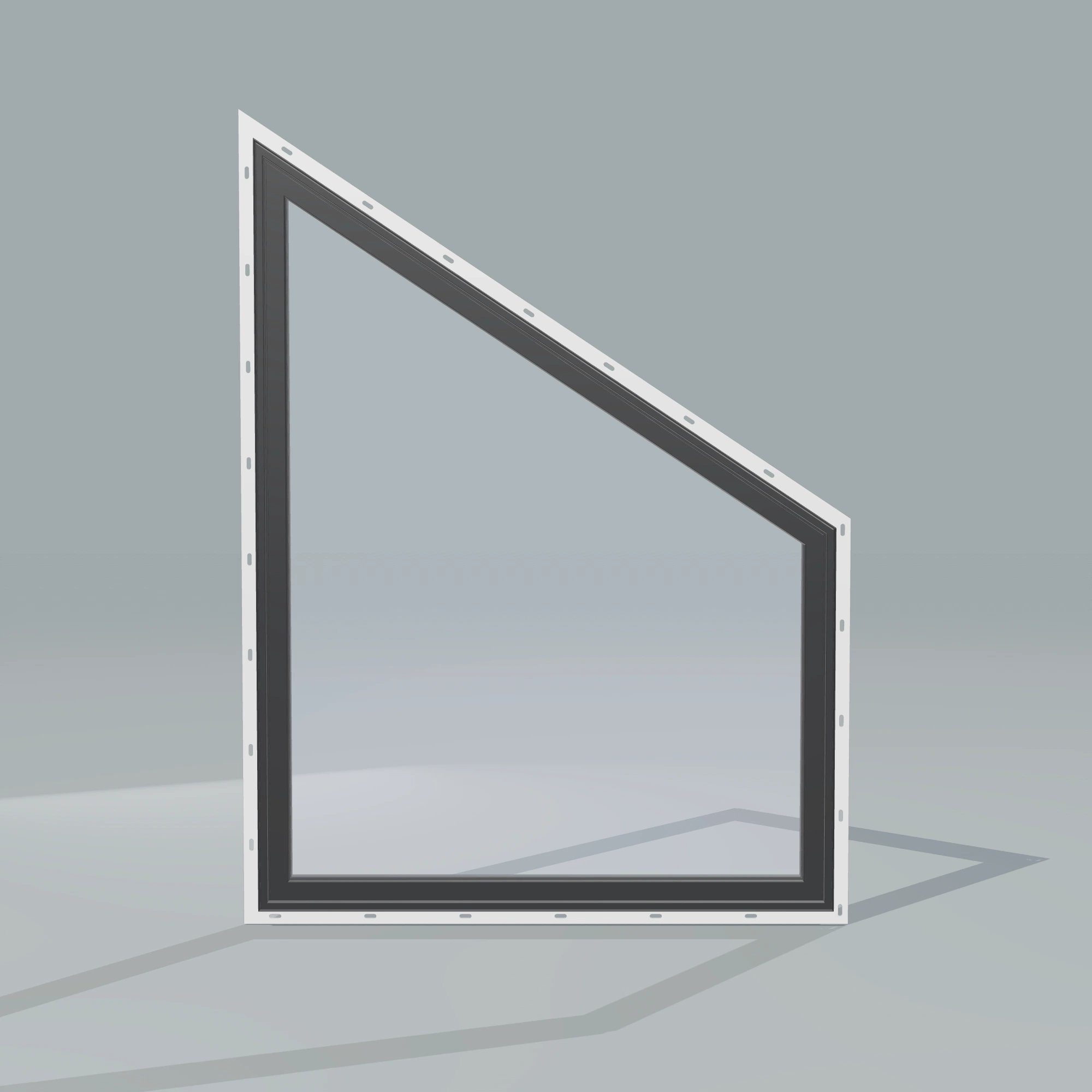 Straight exterior view of the 36 × 48 inch trapezoid (right), black exterior / black interior, with nailing flange