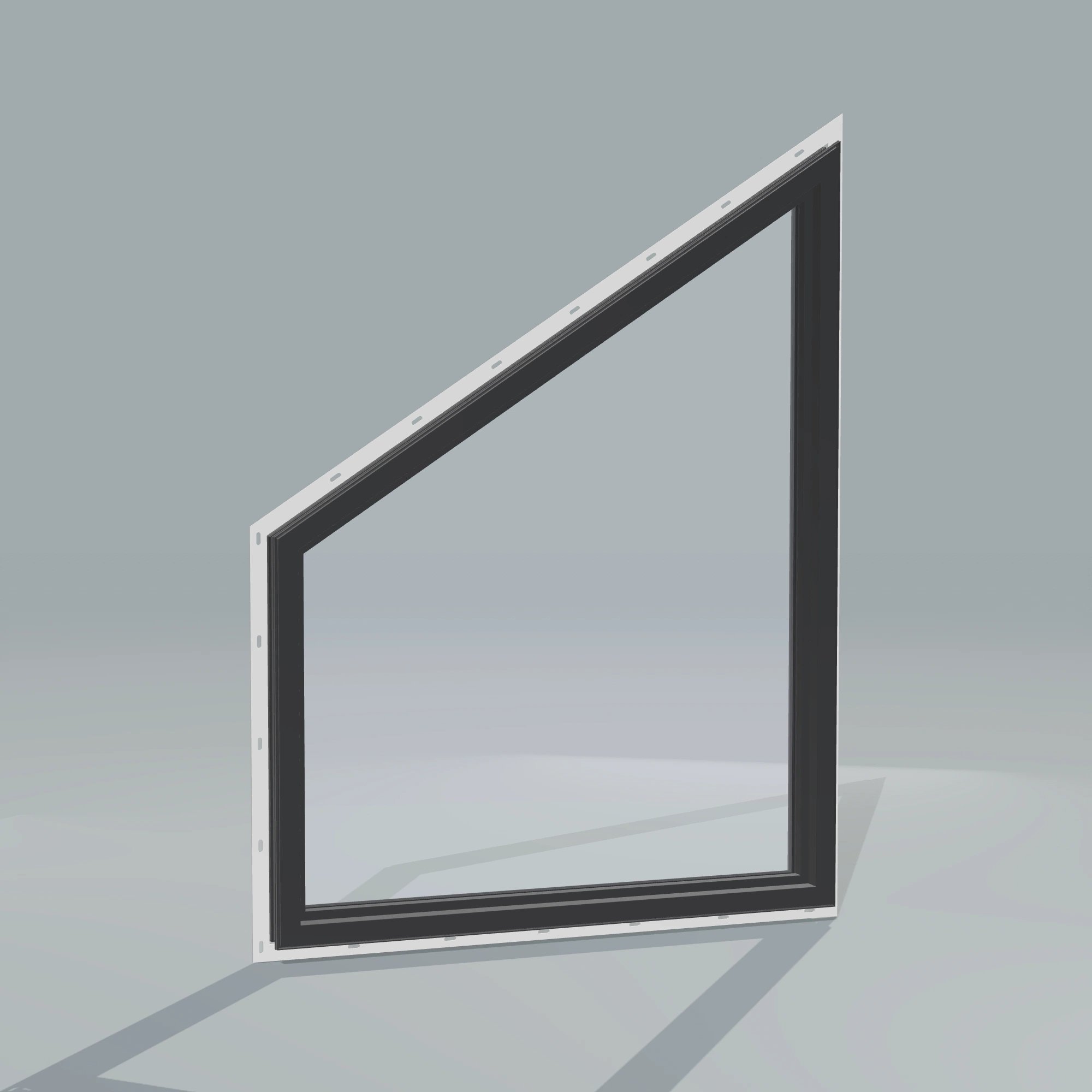 Angled interior view of the 36 × 48 inch trapezoid (right), black exterior / black interior, with nailing flange