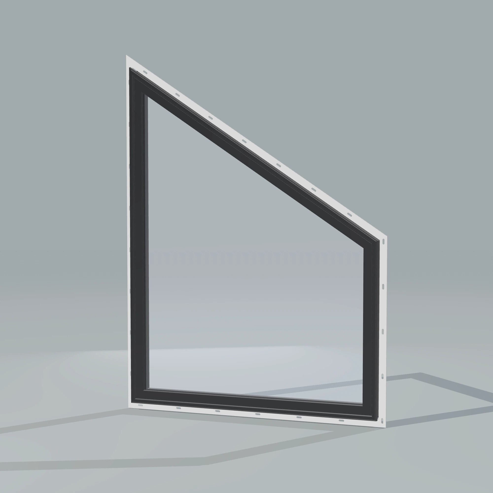 Opposite exterior angle of the 36 × 48 inch trapezoid (right), black exterior / black interior, with nailing flange