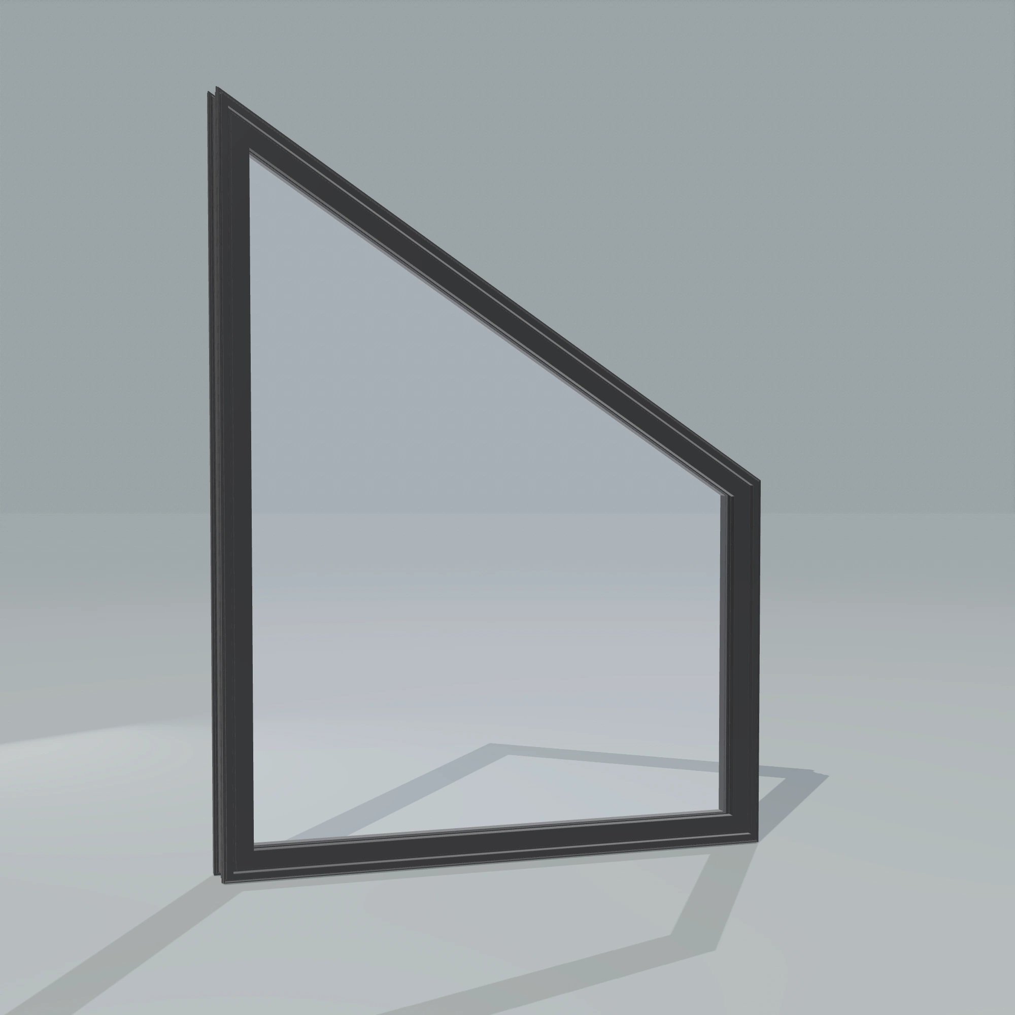 Angled exterior configurator view of the 36 × 48 inch trapezoid (right), black exterior / black interior, without nailing flange