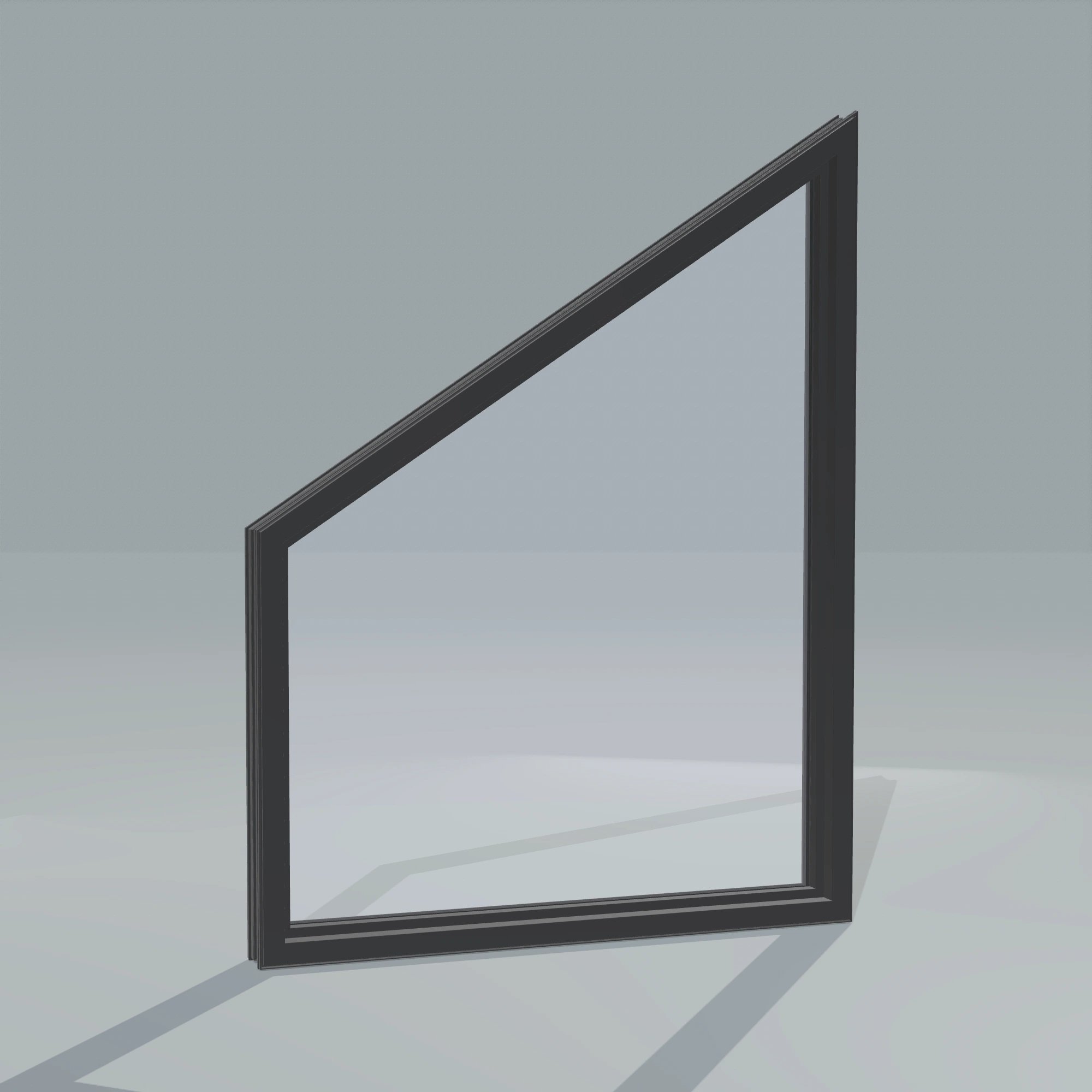 Angled interior view of the 36 × 48 inch trapezoid (right), black exterior / black interior, without nailing flange