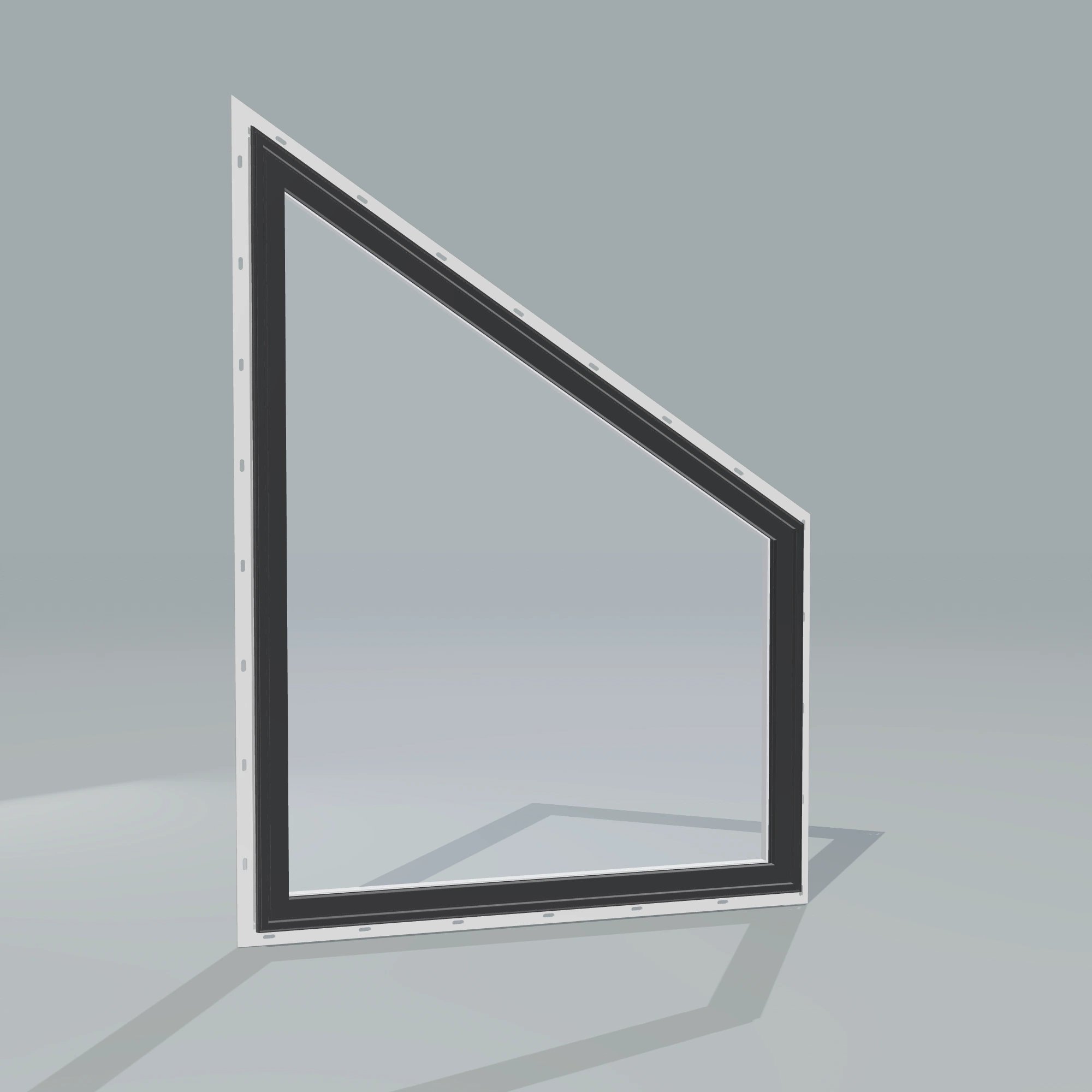 Angled exterior configurator view of the 36 × 48 inch trapezoid (right), black exterior / white interior, with nailing flange