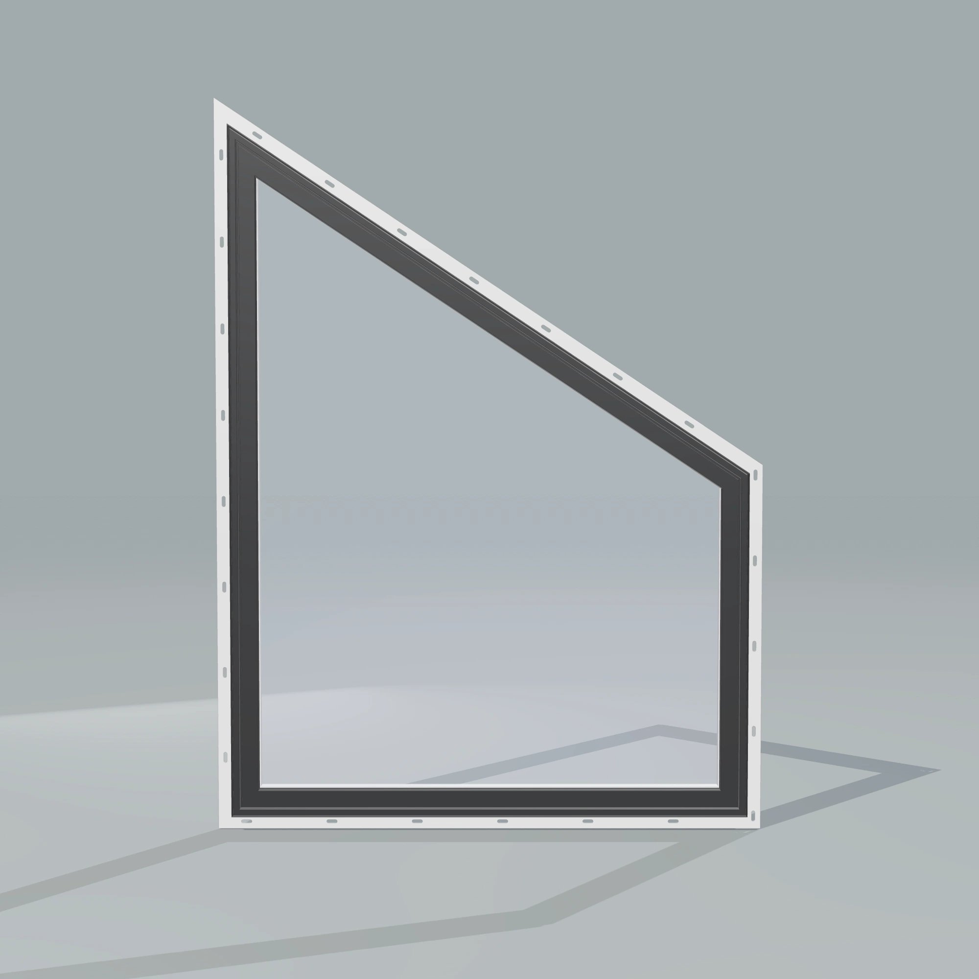 Straight exterior view of the 36 × 48 inch trapezoid (right), black exterior / white interior, with nailing flange