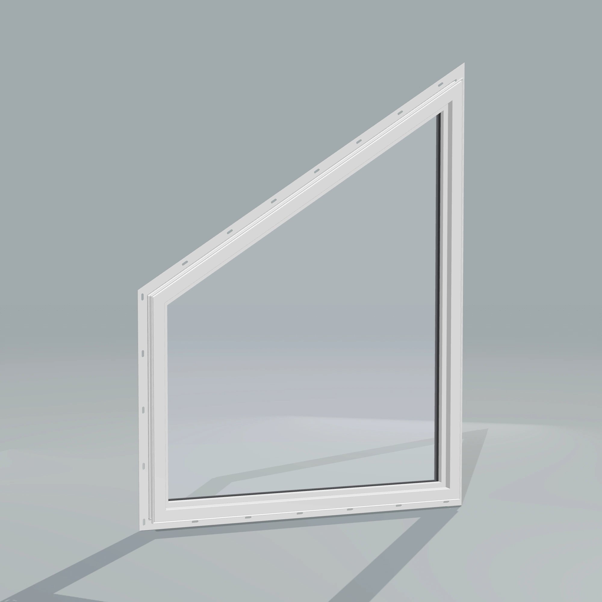 Angled interior view of the 36 × 48 inch trapezoid (right), black exterior / white interior, with nailing flange