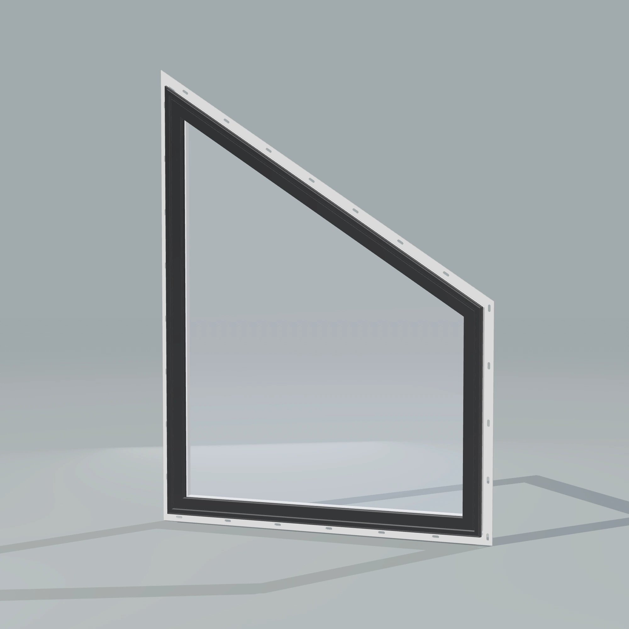 Opposite exterior angle of the 36 × 48 inch trapezoid (right), black exterior / white interior, with nailing flange