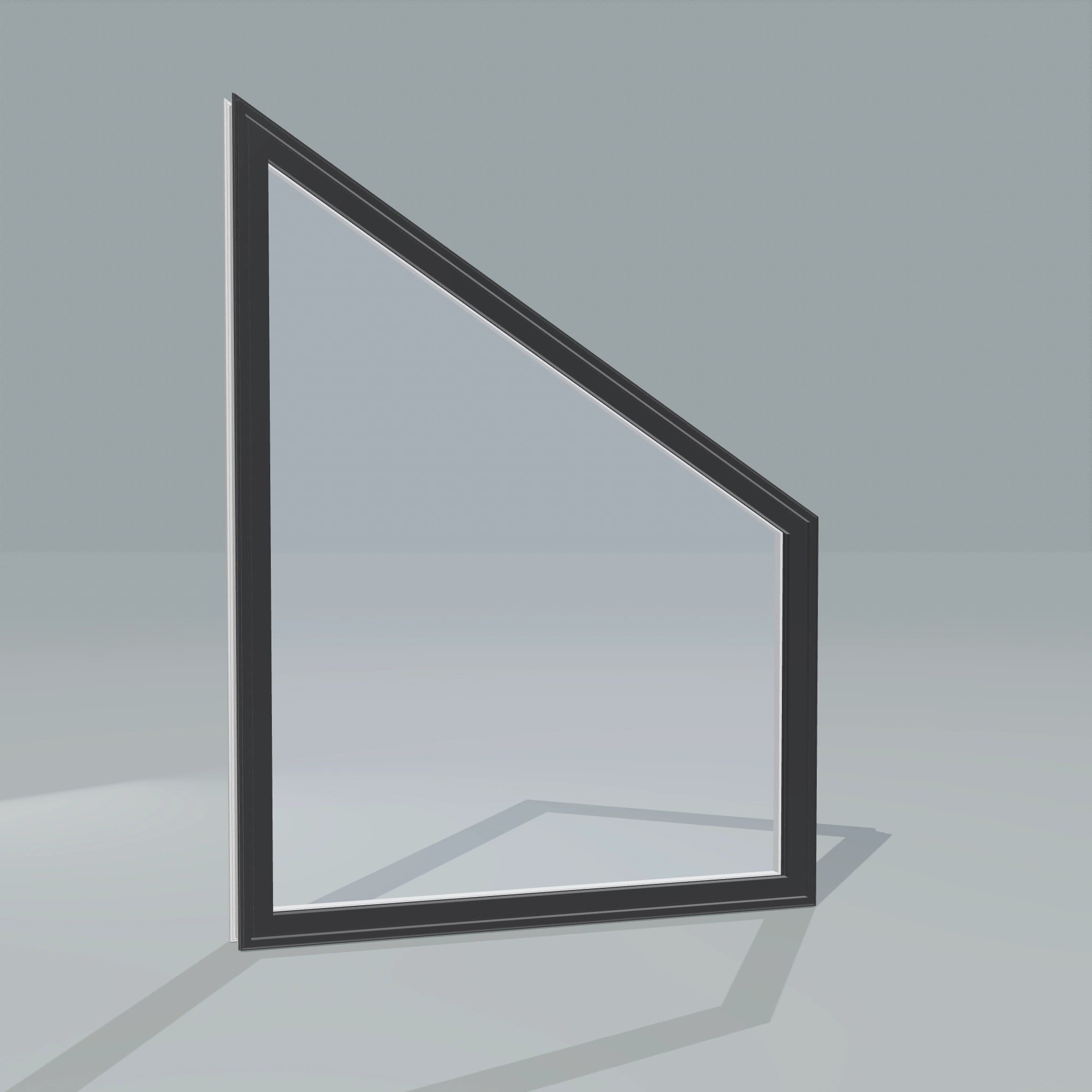 Angled exterior configurator view of the 36 × 48 inch trapezoid (right), black exterior / white interior, without nailing flange
