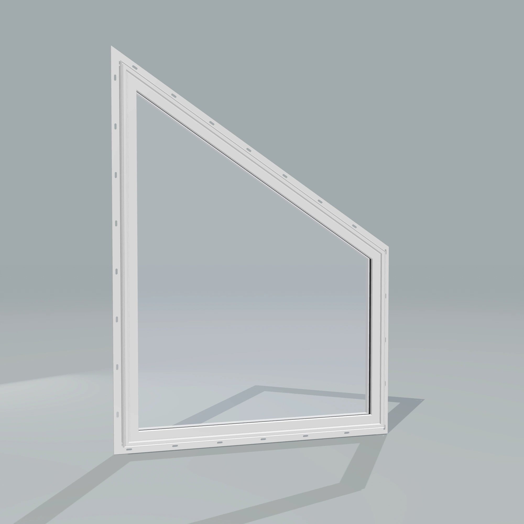 Angled exterior configurator view of the 36 × 48 inch trapezoid (right), white exterior / white interior, with nailing flange