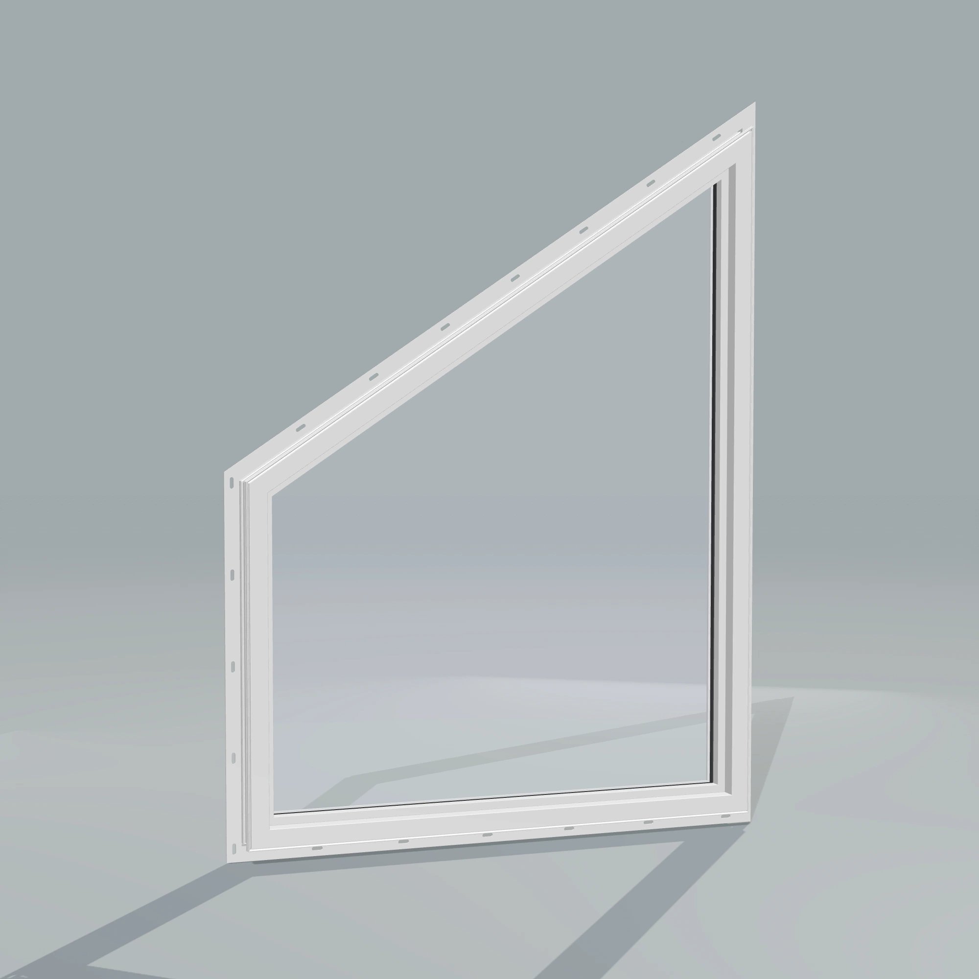 Angled interior view of the 36 × 48 inch trapezoid (right), white exterior / white interior, with nailing flange