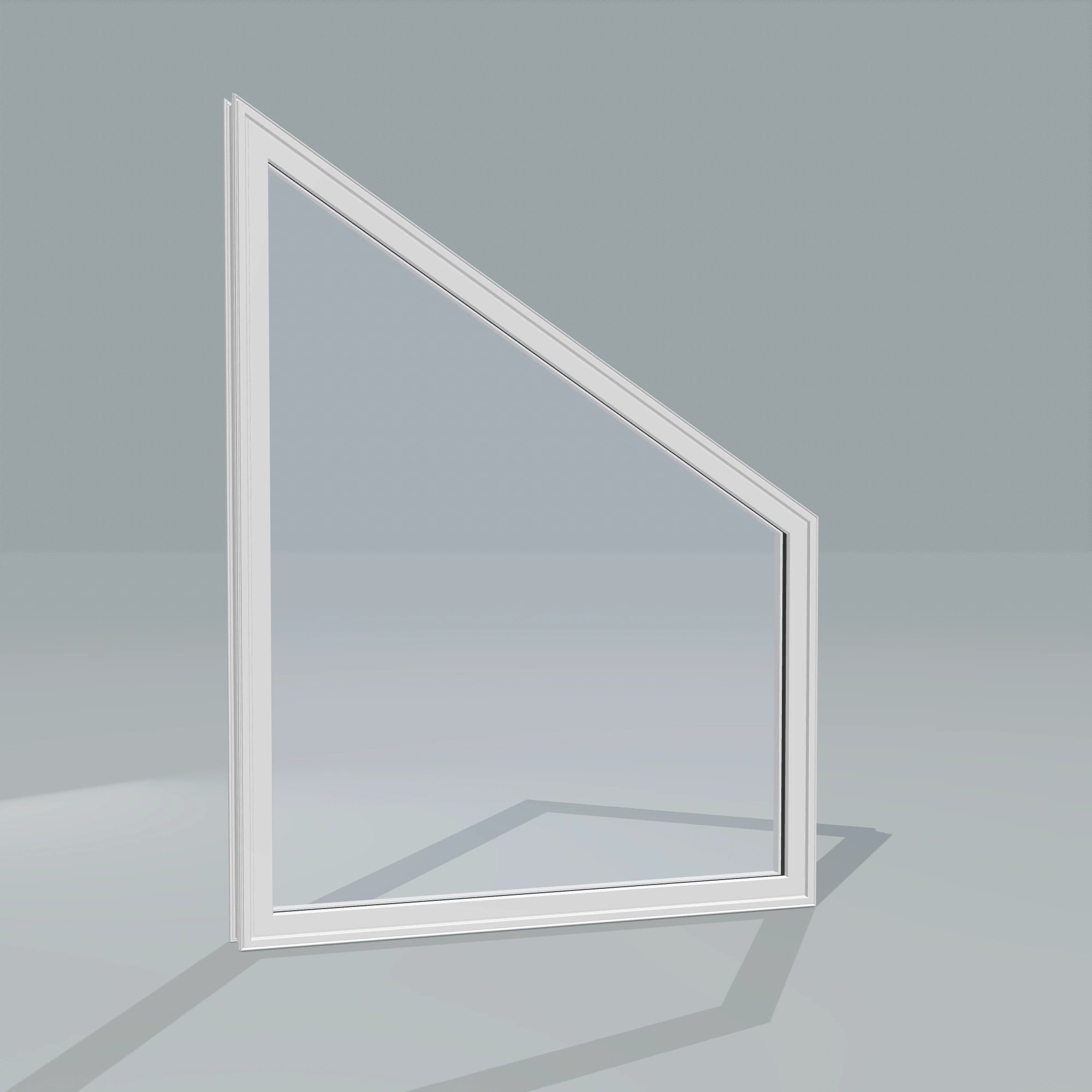 Angled exterior configurator view of the 36 × 48 inch trapezoid (right), white exterior / white interior, without nailing flange