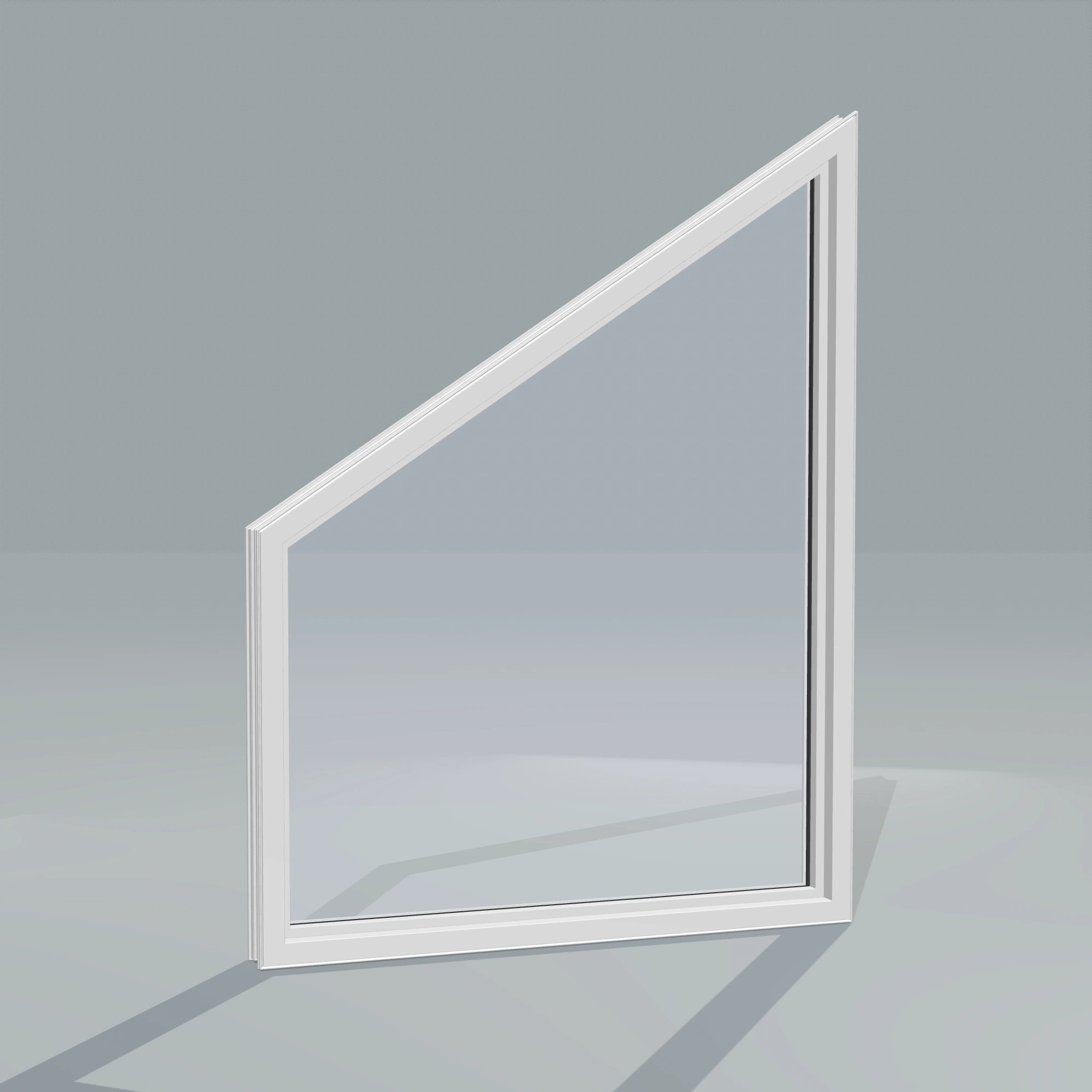 Angled interior view of the 36 × 48 inch trapezoid (right), white exterior / white interior, without nailing flange