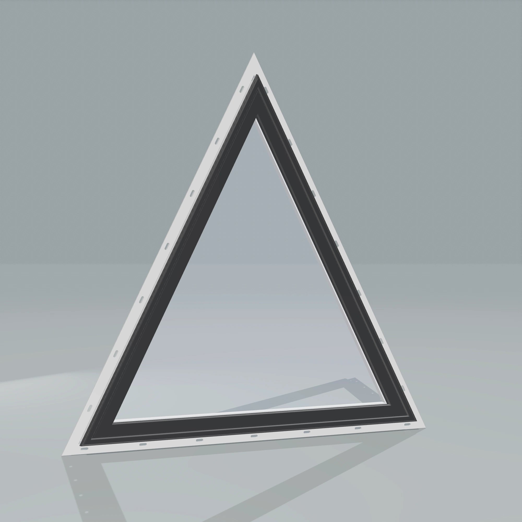 Angled exterior configurator view of the 36 × 36 inch triangle, black exterior / white interior, with nailing flange
