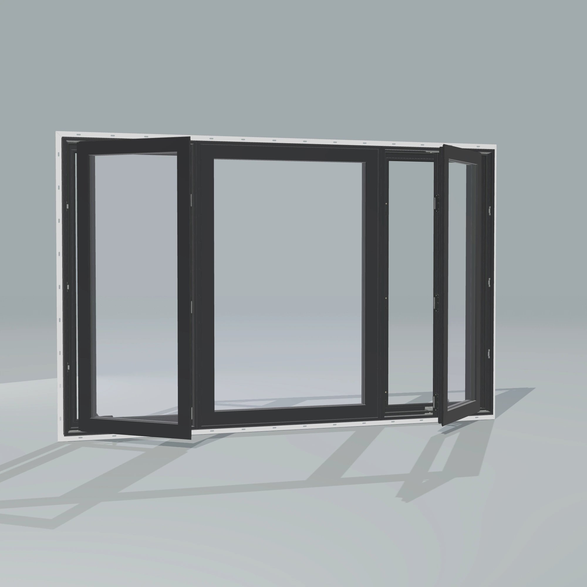 Angled exterior configurator view of the 84 × 52 inch triple casement–fixed combination, black exterior / black interior, with nailing flange, casement sashes open 45 degrees
