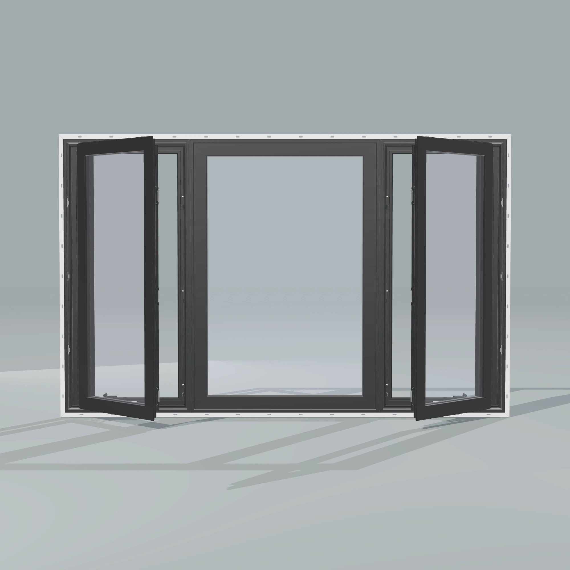 Straight exterior view of the 84 × 52 inch triple casement–fixed combination, black exterior / black interior, with nailing flange, casement sashes open 45 degrees