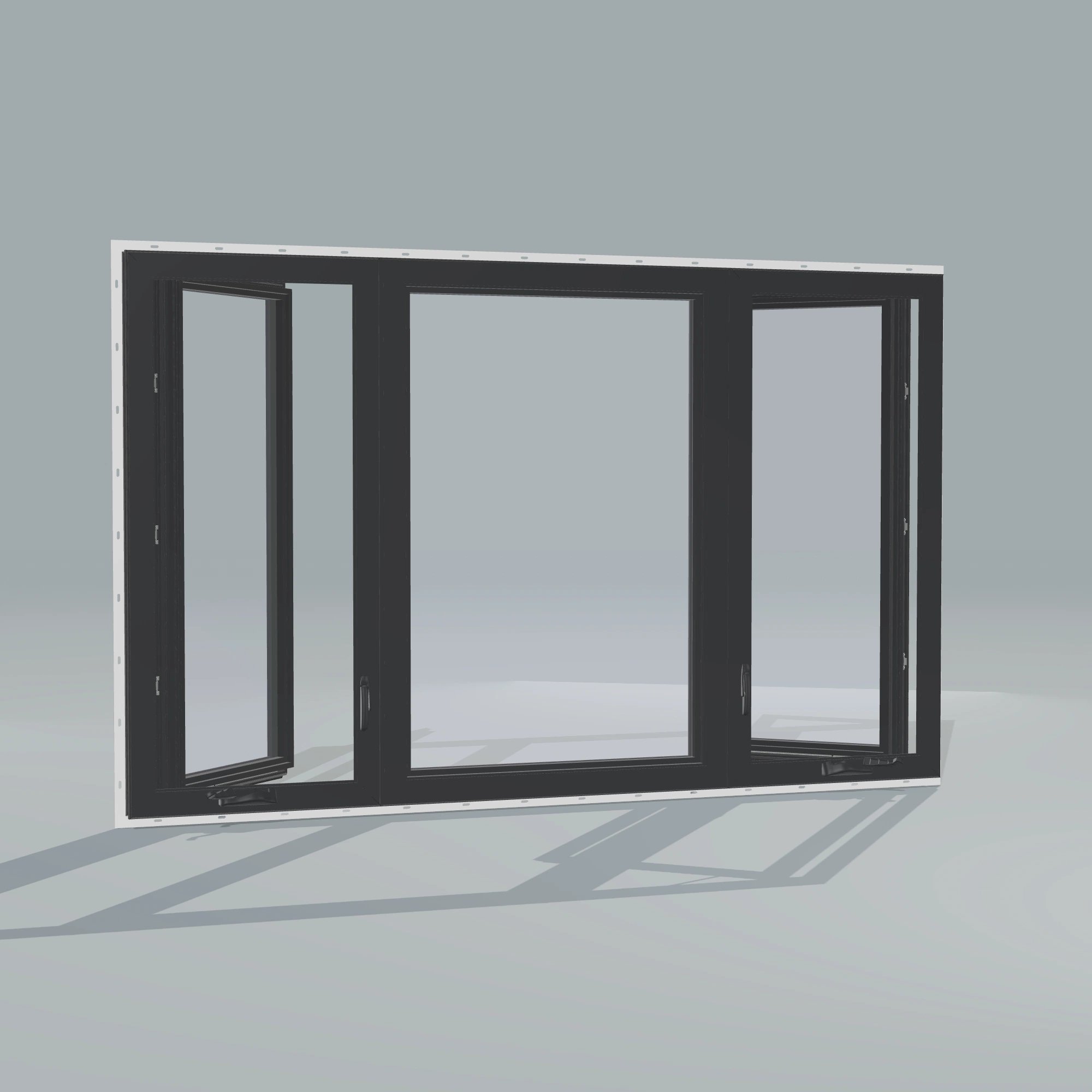 Angled interior view of the 84 × 52 inch triple casement–fixed combination, black exterior / black interior, with nailing flange, casement sashes open 45 degrees