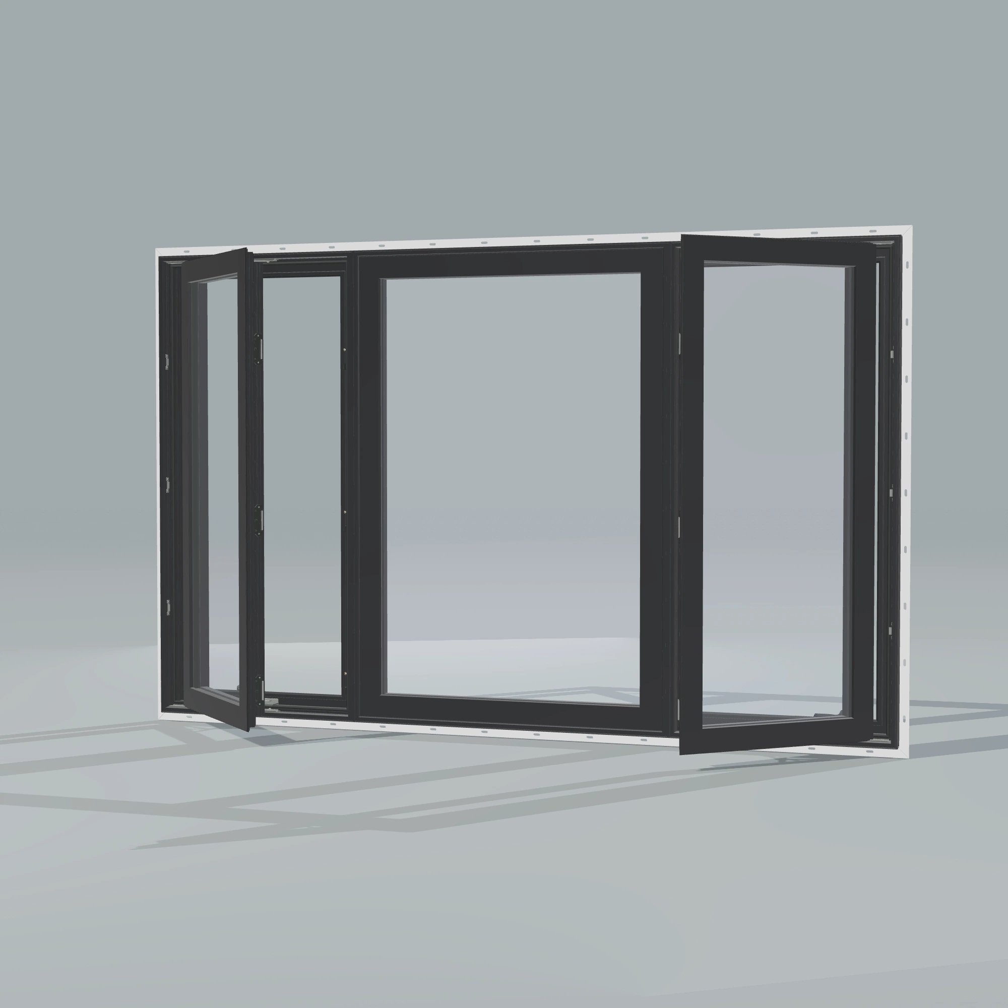 Opposite exterior angle of the 84 × 52 inch triple casement–fixed combination, black exterior / black interior, with nailing flange, casement sashes open 45 degrees