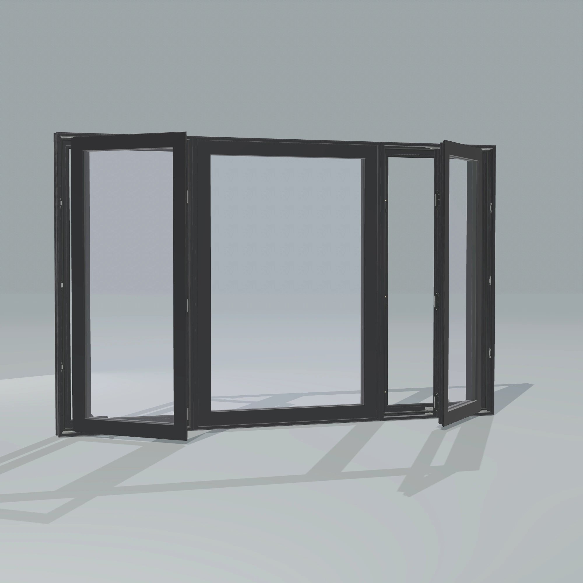 Angled exterior configurator view of the 84 × 52 inch triple casement–fixed combination, black exterior / black interior, without nailing flange, casement sashes open 45 degrees